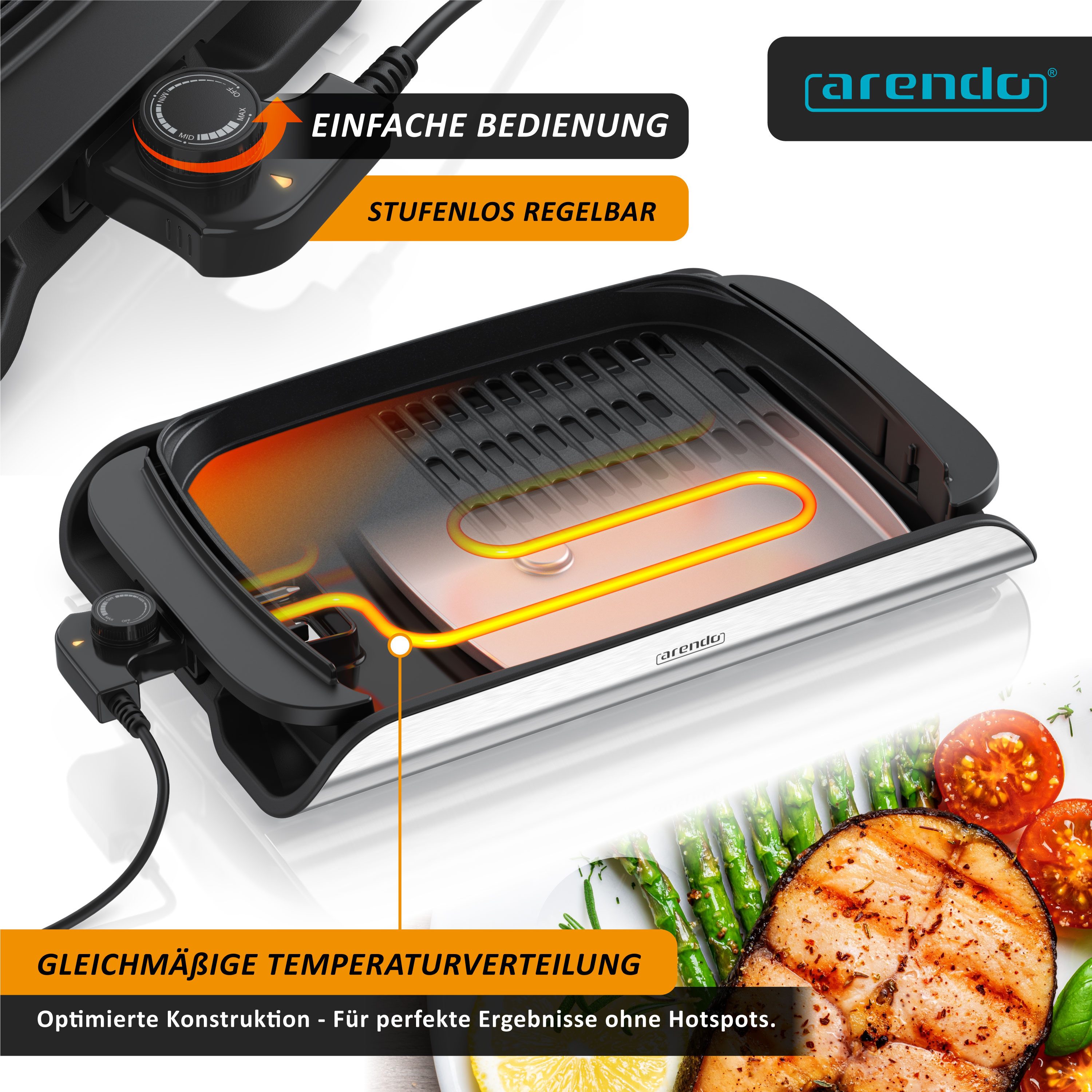 Arendo Tischgrill Elektrogrill, Glasdeckel, Edelstahl, extrastark, Antihaftbeschichtet, 2000 W, stufenlose Temperaturregelung, für Balkon, Garten & Indoor