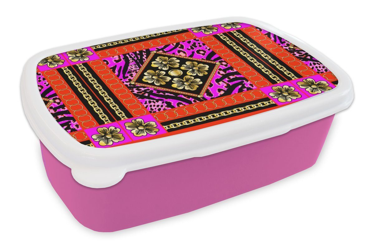 MuchoWow Lunchbox Blumen - Halskette - Pantherdruck - Gold - Muster, Kunststoff, (2-tlg), Brotbox für Erwachsene, Brotdose Kinder, Snackbox, Mädchen, Kunststoff rosa