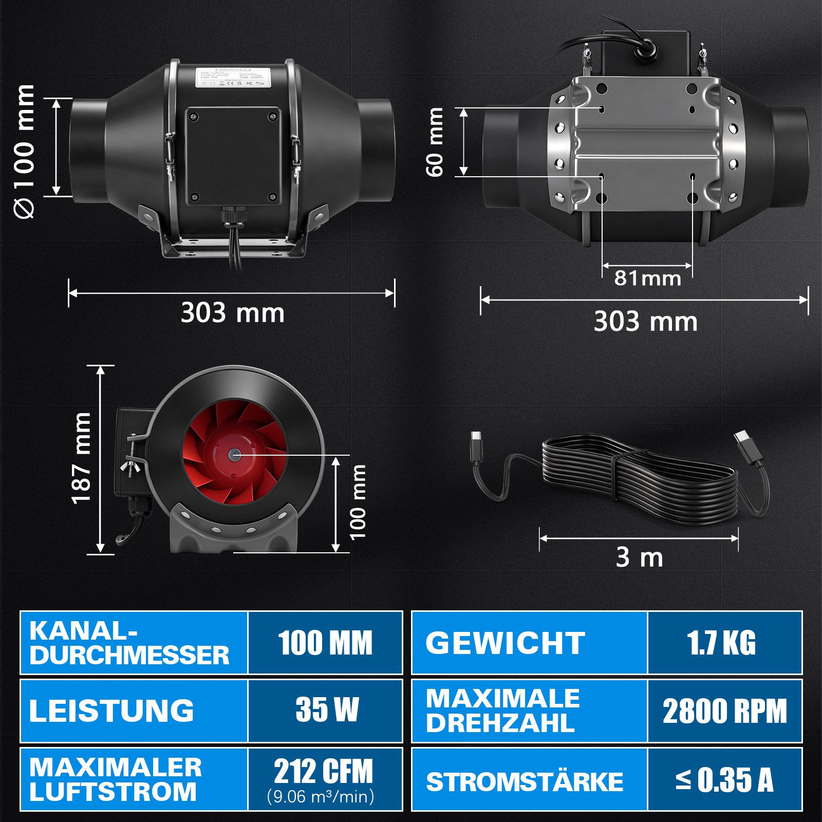 XERSEK Badlüfter 30W/100mm Rohrventilator mit EC-zmotor 360 m³/h Kanalventilator, Max.3000rpm, Leiser Stufenlose Regelung Entfeuchtung Luftzirkulation