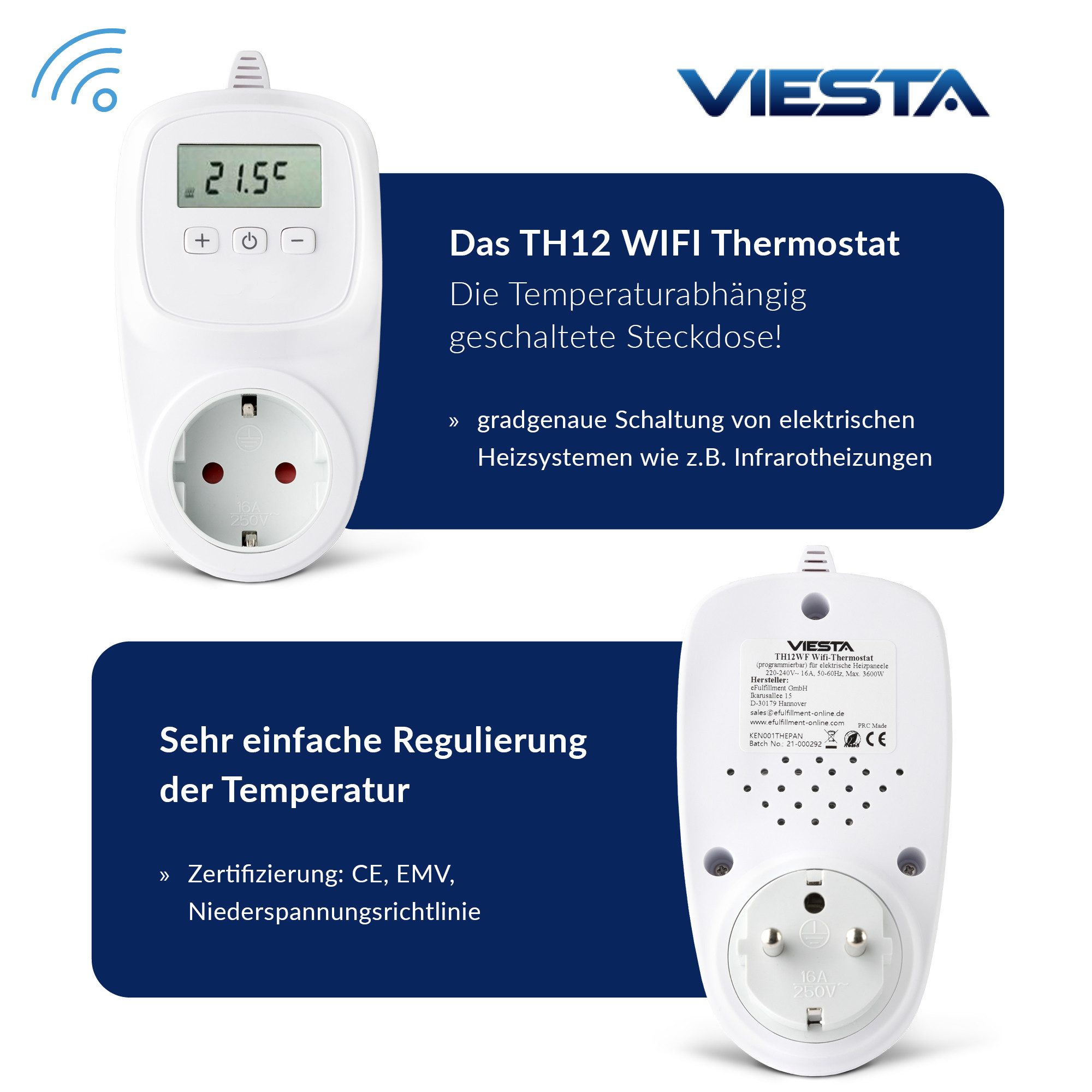 VIESTA Heizkörperthermostat TH12 WiFi-Steckdosenthermostat (230 V/3600