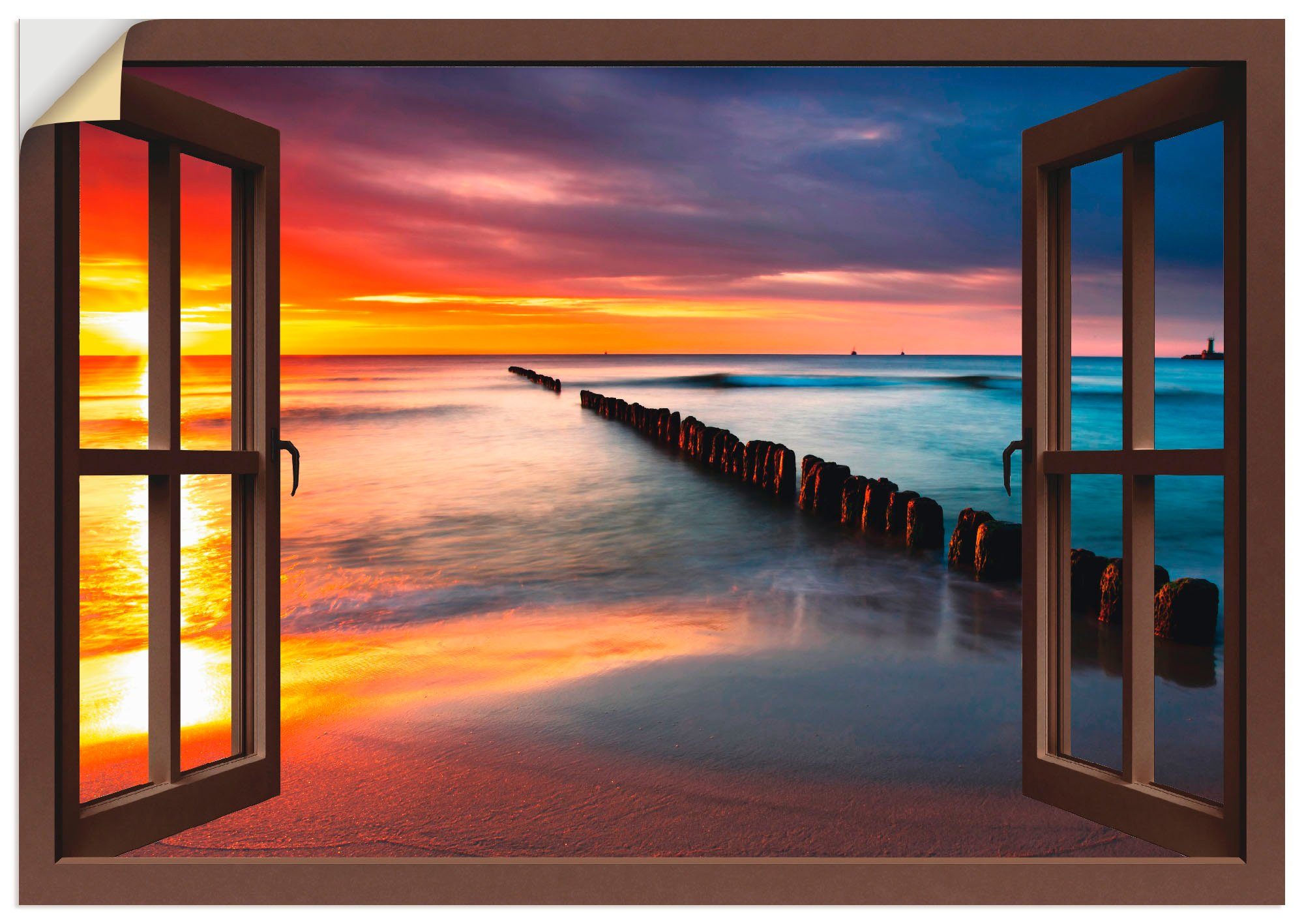 Artland Wandbild Fensterblick Ostsee mit Sonnenaufgang, Fensterblick (1 St), als Leinwandbild, Wandaufkleber oder Poster in versch. Größen