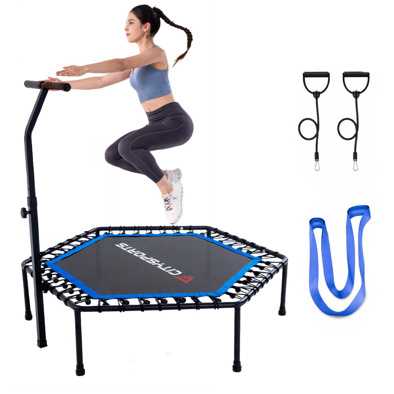 CITYSPORTS Fitnesstrampolin Mini-Trampolin mit Haltegriff 3-fach höhenverstellbar, Ø130cm, 6-Eck, 42 Elastikbänder, bis 100 kg,Nicht klappbar