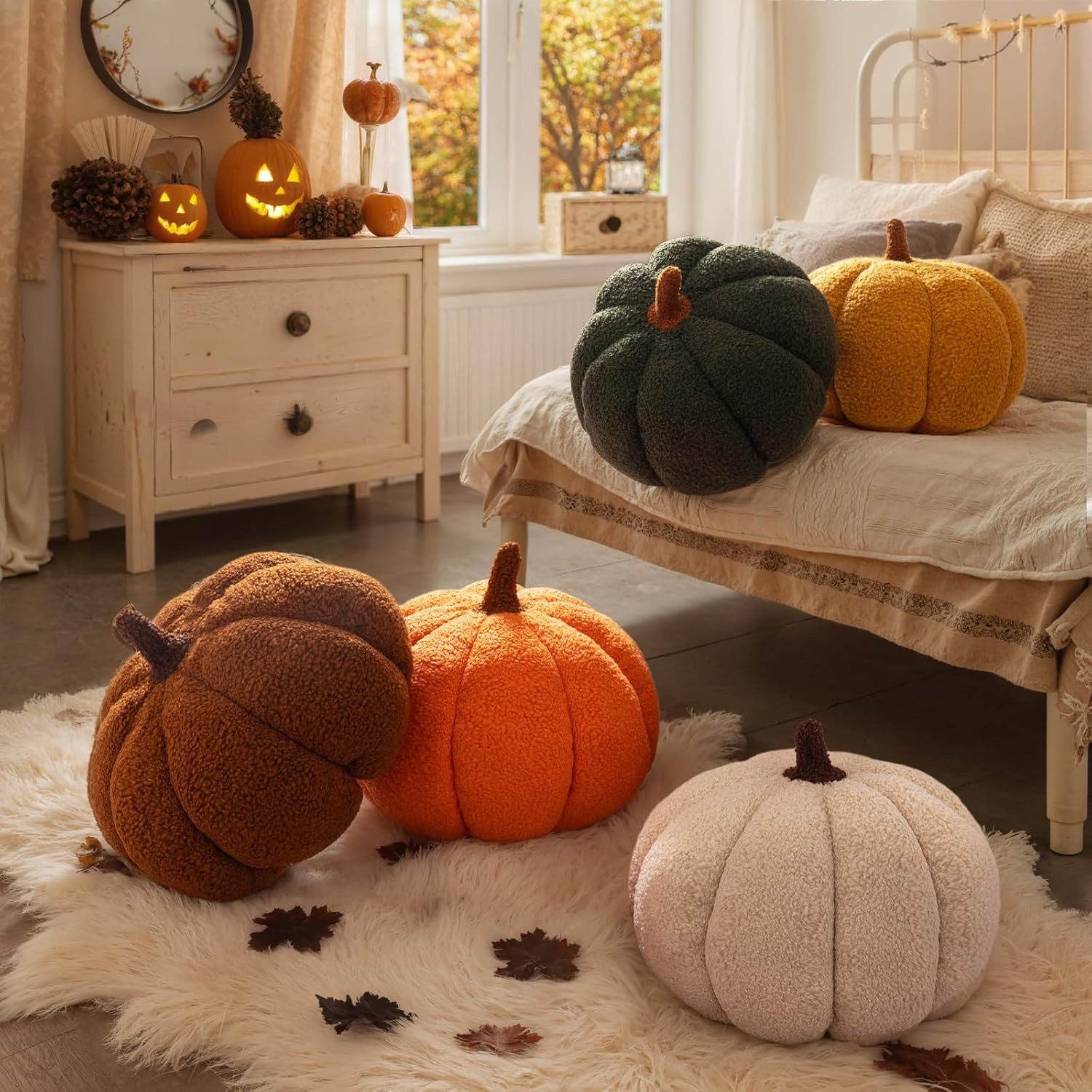 JASLIFE Dekofigur Kürbis2er-Set (2 St), Teddyplüsch-Optik, ideal als herbst deko und halloween deko – Bild 4 von 5