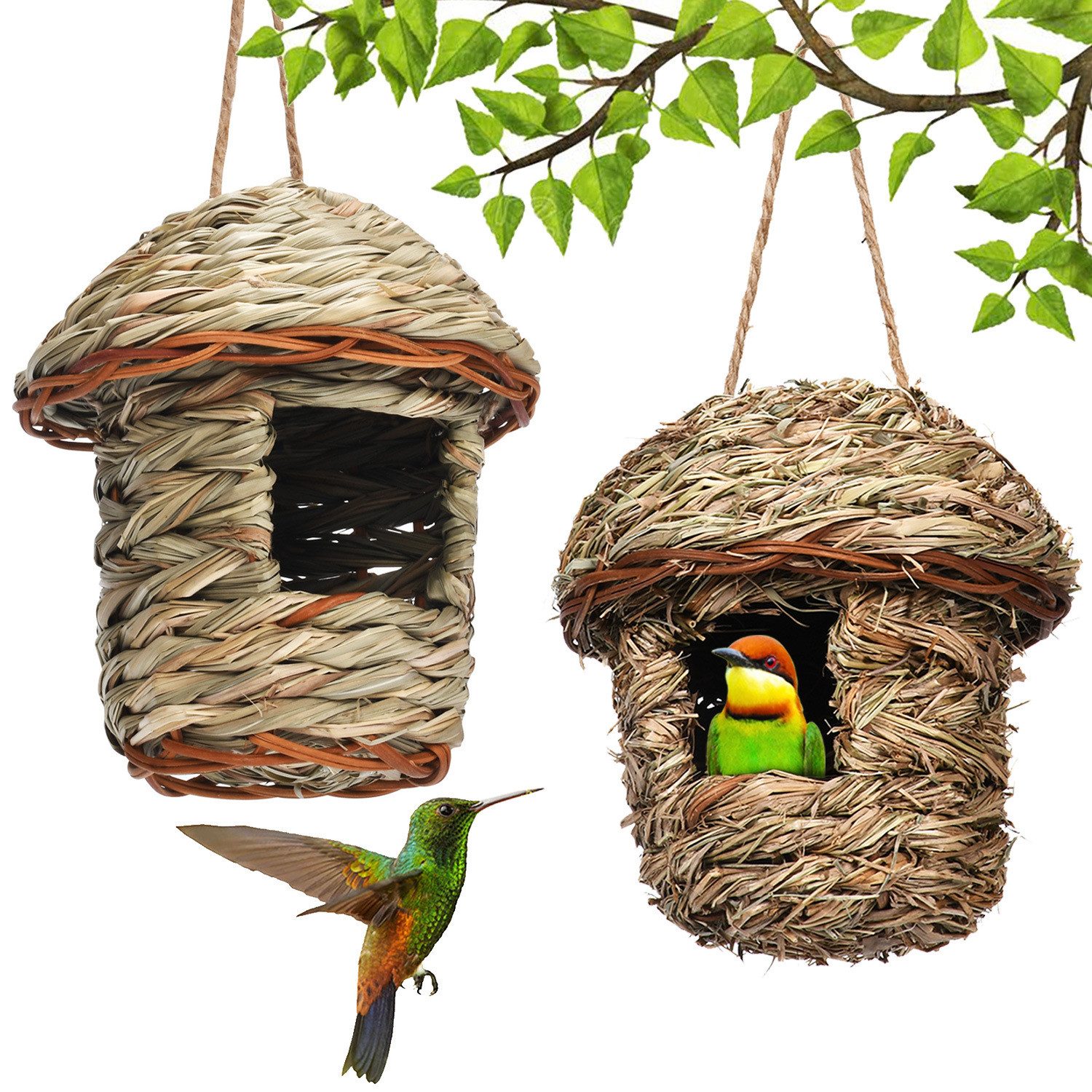 AURIVION Tierhaus Vogelhaus Vogelnest Gras,Vogelnest für KäFig Deko, Handgewebte Vogelhäuser(2 Stück)