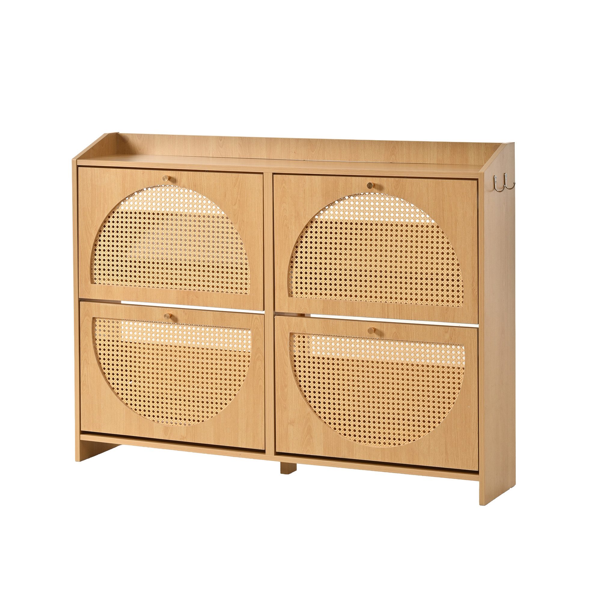 BlingBin Schuhschrank 120x24x90cm Schuhregal mit 8 Fächern, Schuhkipper im Eingangsbereich (1er Set, 1-St., Tragfähigkeit: 30kg, MDF, Schranktüren aus Korbgeflecht) Aufbewahrungsschrank mit 2 Haken für Flur, Naturholzfarbe