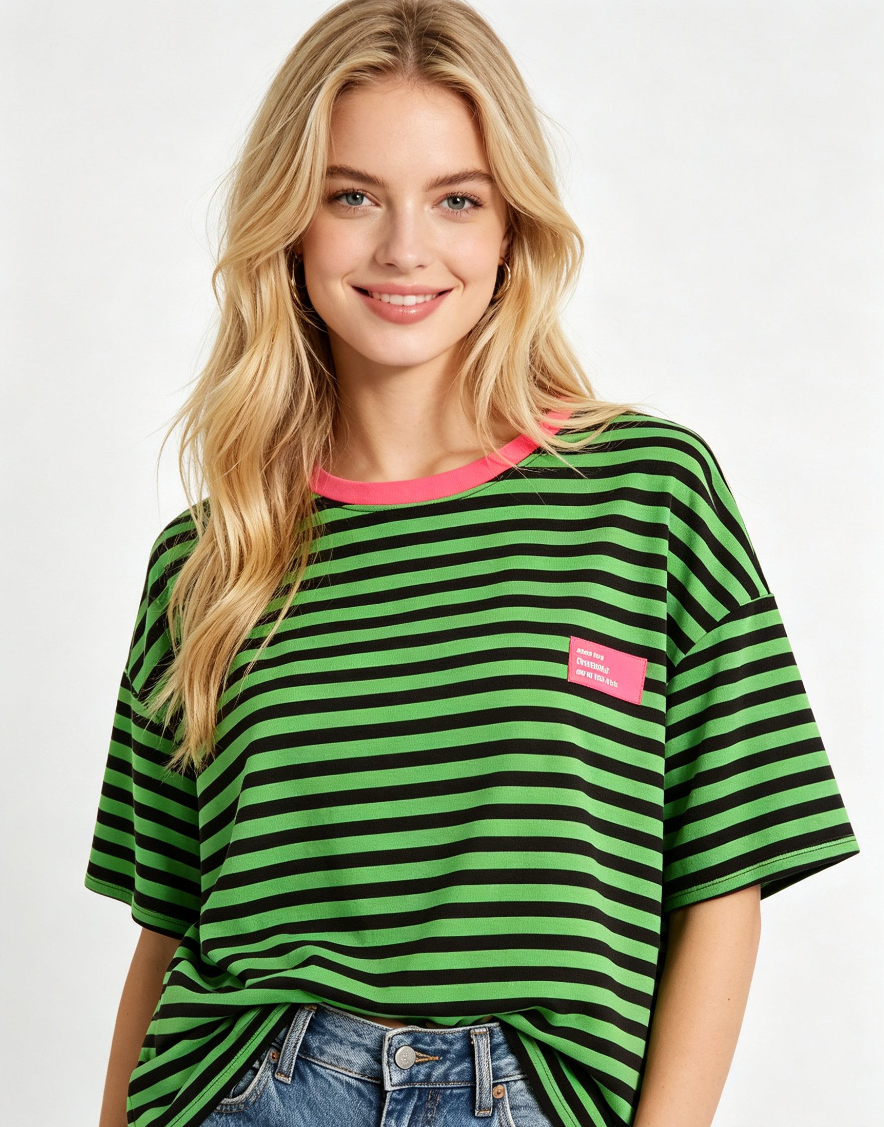 MIRROSI Sweatshirt Damen Kurzarm T Shirt Oversize Neonfarben Streifenmuster Ringelshirt, One Size Passform (ca. Gr. 34–40); Made in Italy