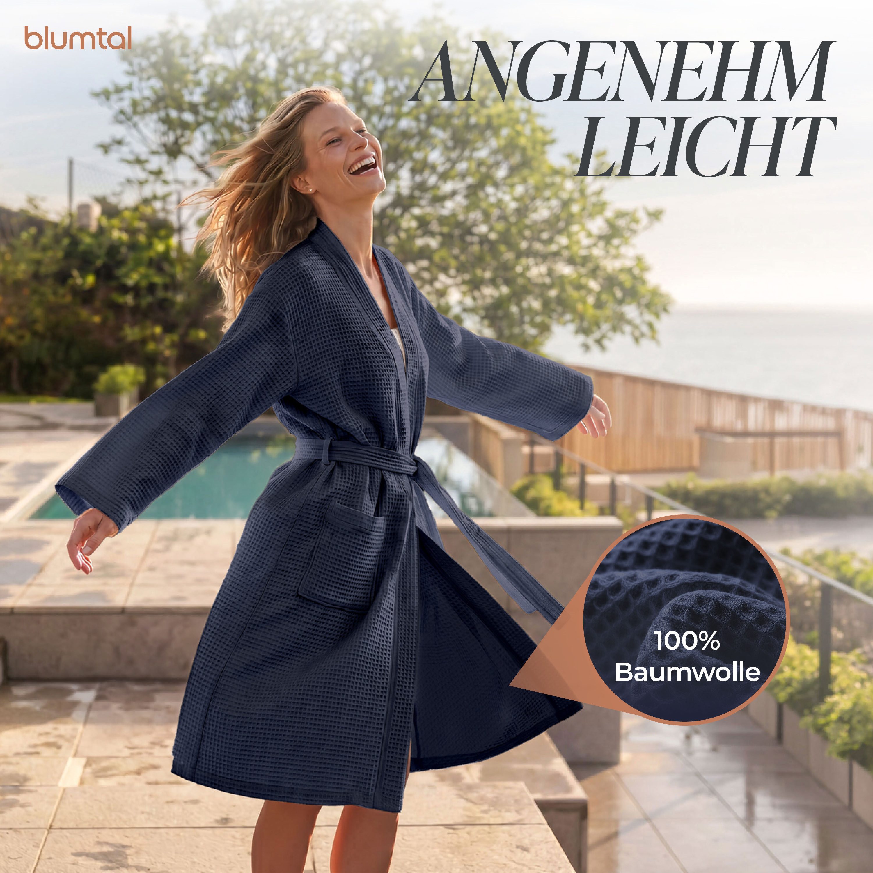 Blumtal Bademantel Waffelpique - Unisex Bademantel - Zertifizierter Bademantel, 2 Außentaschen, mit Reißverschlusstasche, Damen & Herren - Saunamantel inkl. Rei – Bild 2 von 5