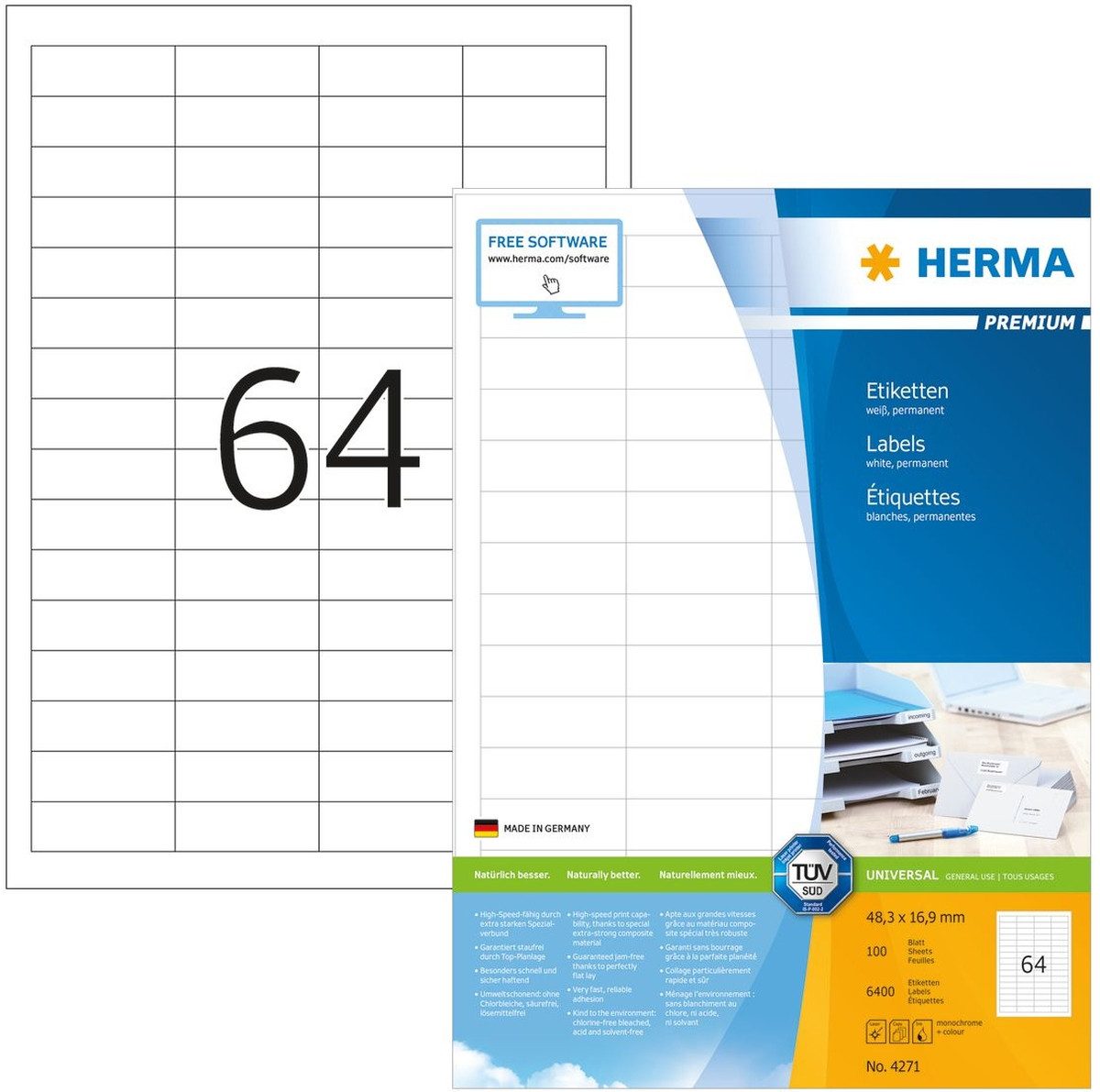 HERMA Etiketten Etiketten weiß 48,3x16,9mm Premium A4 VE=6400 Stück