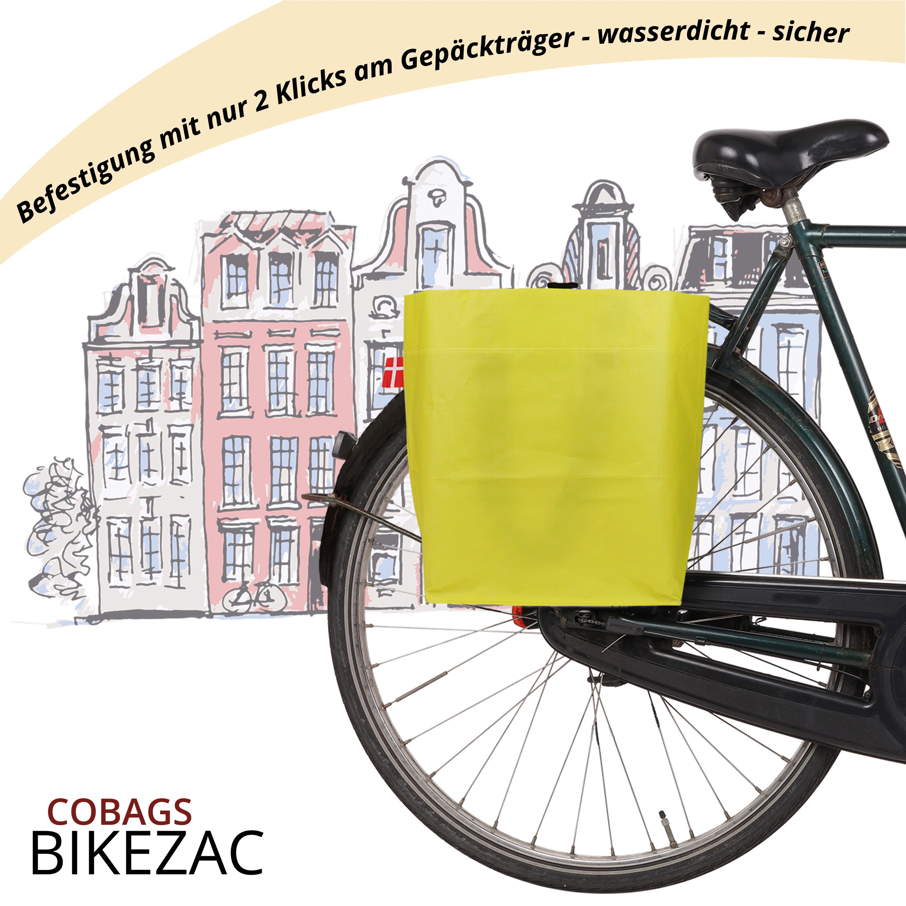 BIKEZAC Shopper 2er Set COBAGS 2.0 Einkaufstaschen Gelb – Recycelt & faltbar (Recycelte Fahrradtasche für Gepäckträger – Platzsparend & robust, Fahrradeinkaufstasche wasserdicht Gepäckträger Einkaufswagen), Recycelt & alltagstauglich – Einfach mit dem Einkaufswagen nutzbar