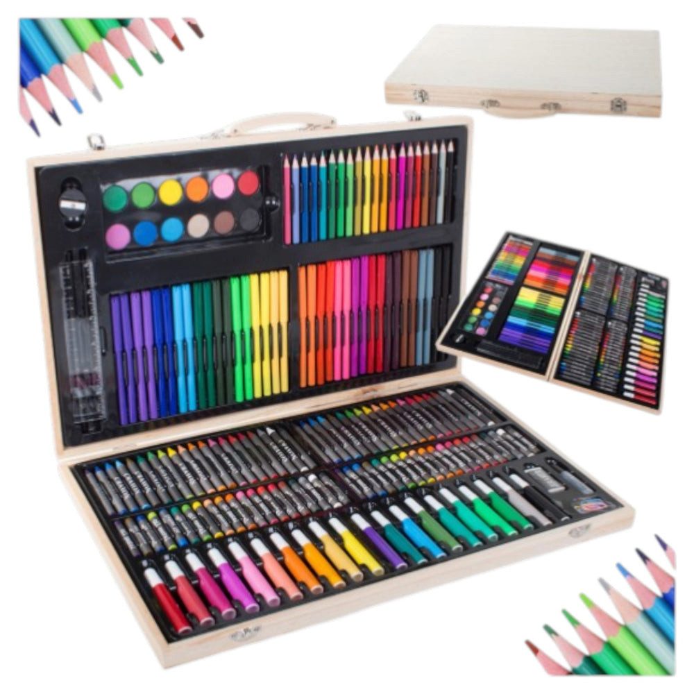 VERK GROUP Malstift Artist Malset Zeichen & Malkoffer 180-teilig im tragbaren Holzkoffer -