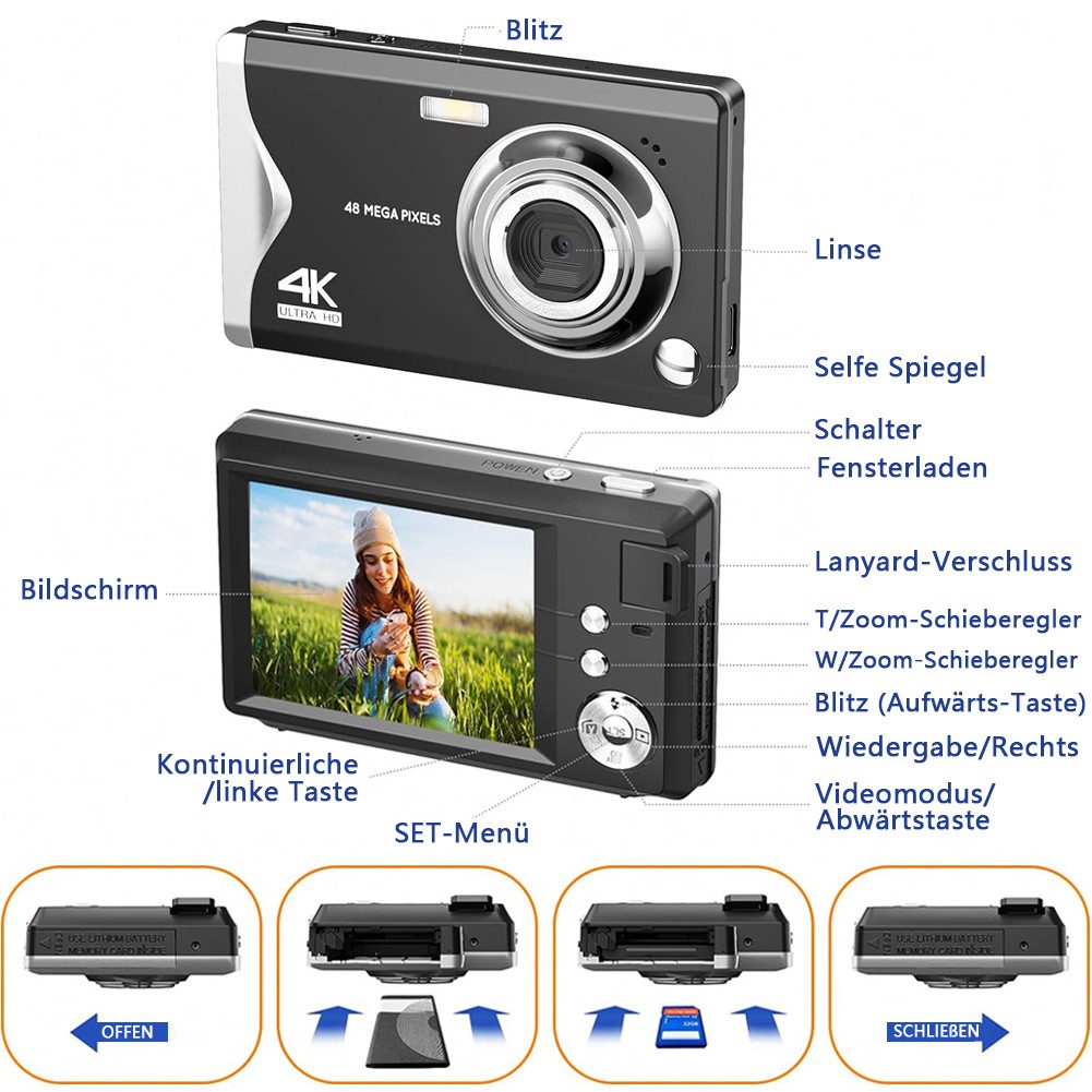 Fine Life Pro Kompaktkamera (48 MP, 16X Digitalzoom kompakte Fotokamera für Teenager Erwachsene Anfänger)