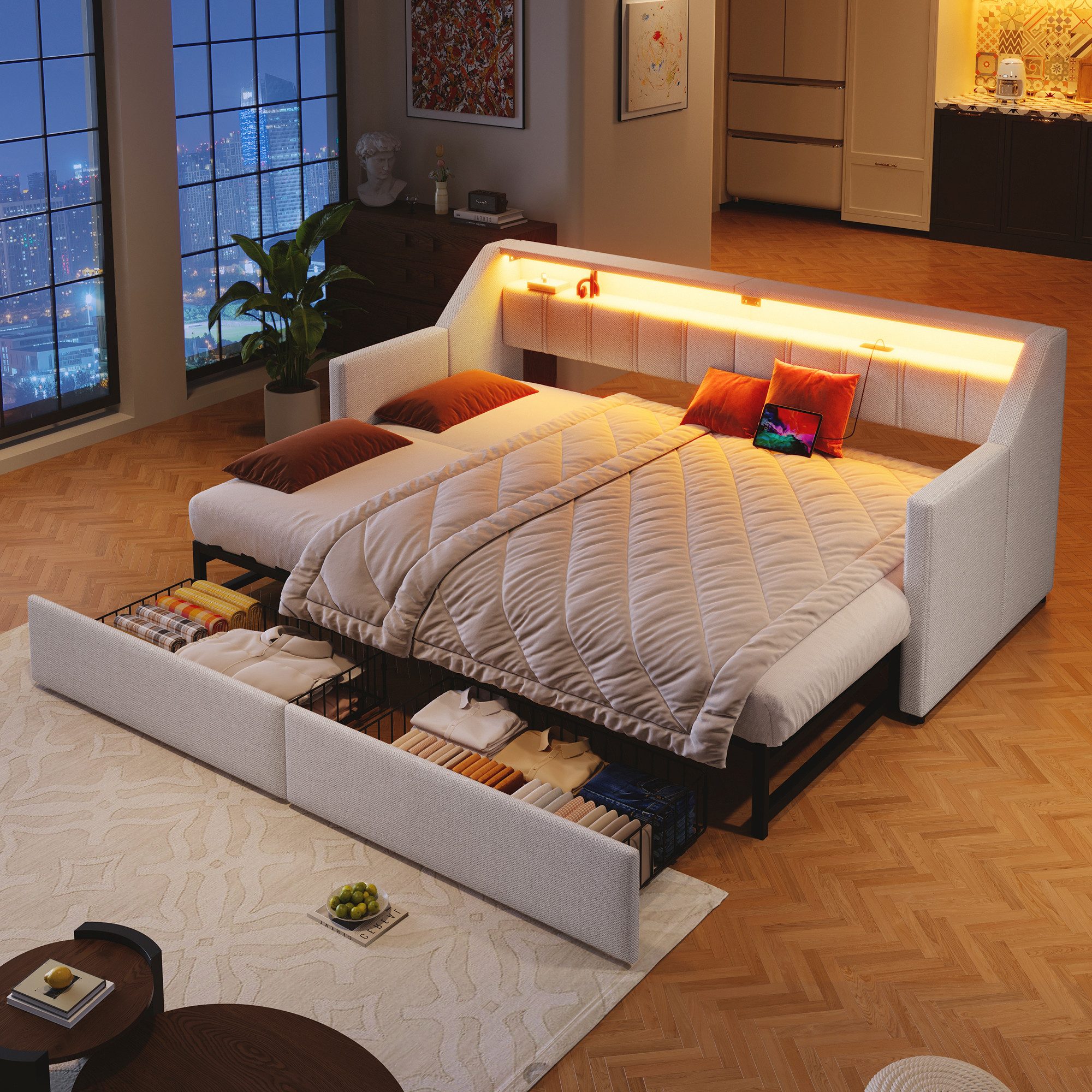 Flieks Daybett, Polsterbett 90/180x200cm mit USB-Aufladen, LED-Leiste und 2 günstig online kaufen