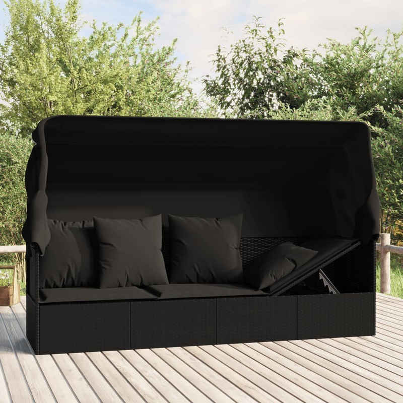 furnicato Gartenliege Outdoor-Loungebett mit Dach und Kissen Schwarz Poly Rattan