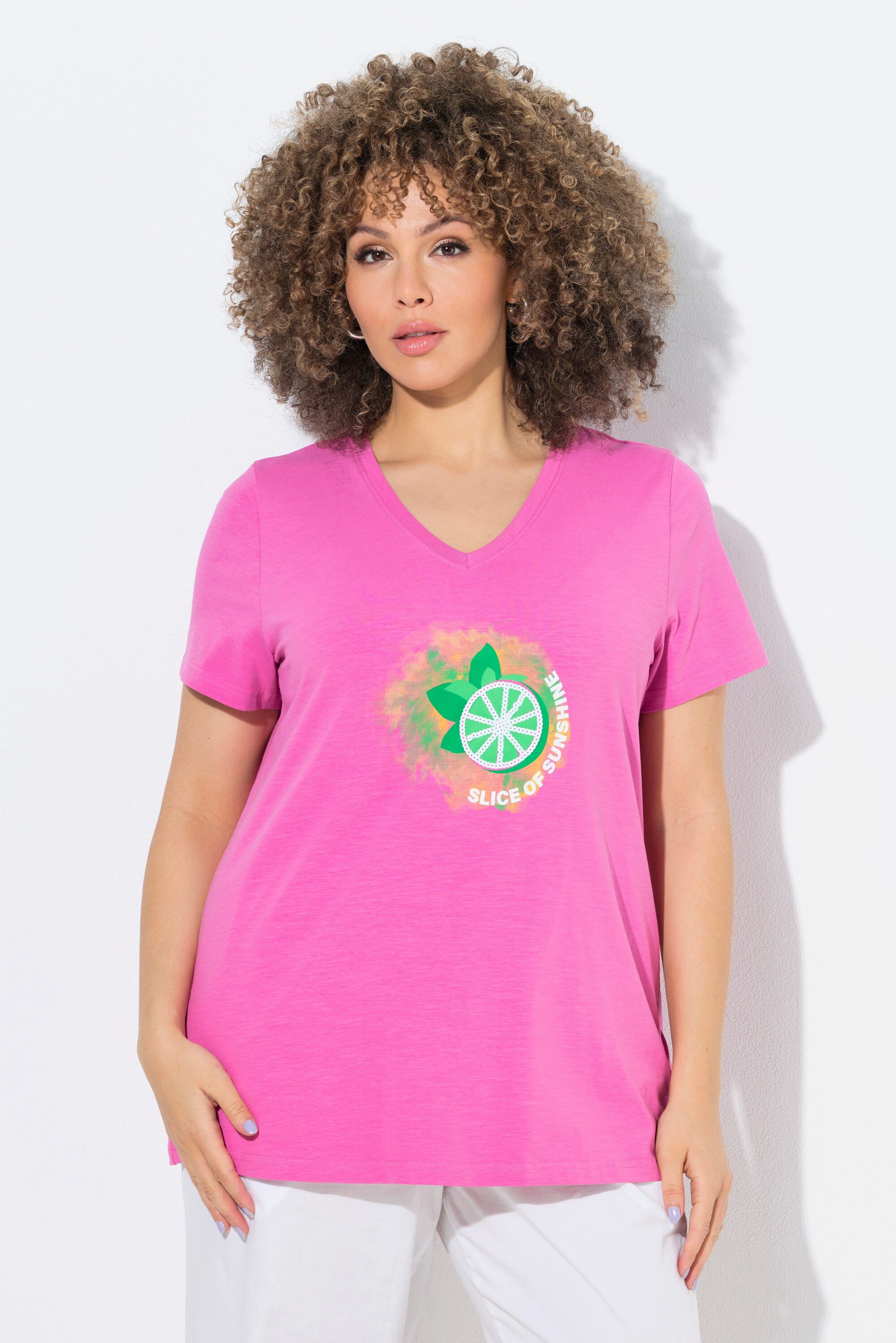 Ulla Popken T-Shirt T-Shirt Limonen A-Linie V-Ausschnitt Halbarm