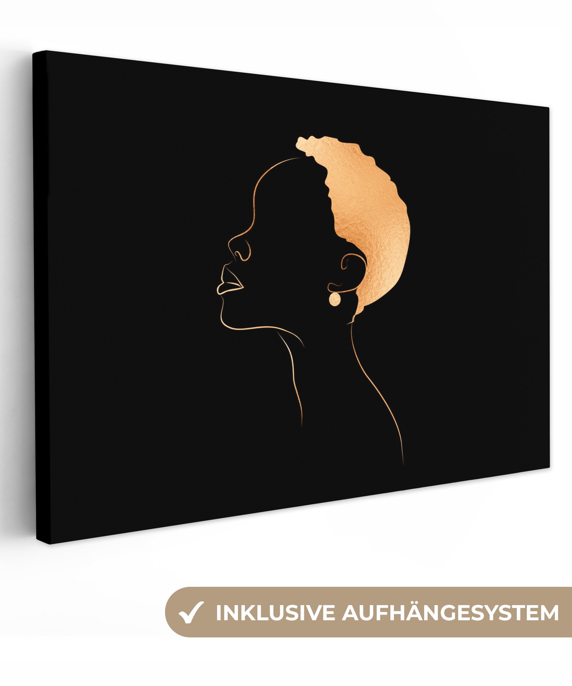 OneMillionCanvasses® Leinwandbild Frau - Strichzeichnung - Schwarz - Gold, (1 St), Wandbild Leinwandbilder, Aufhängefertig, Wanddeko, 30x20 cm