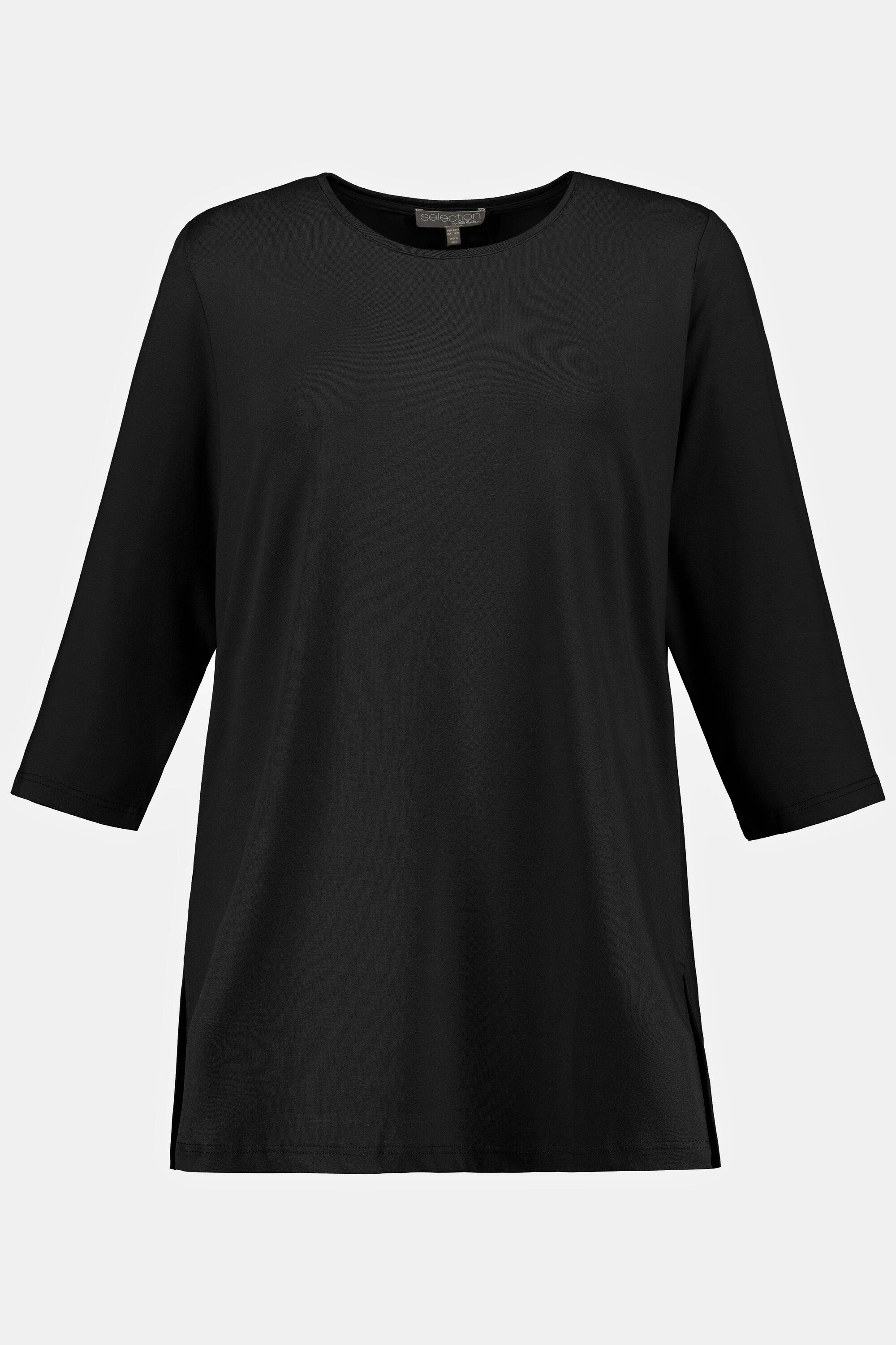 Ulla Popken Rundhalsshirt Shirt länger selection 3/4-Arm geschnitten schwarz