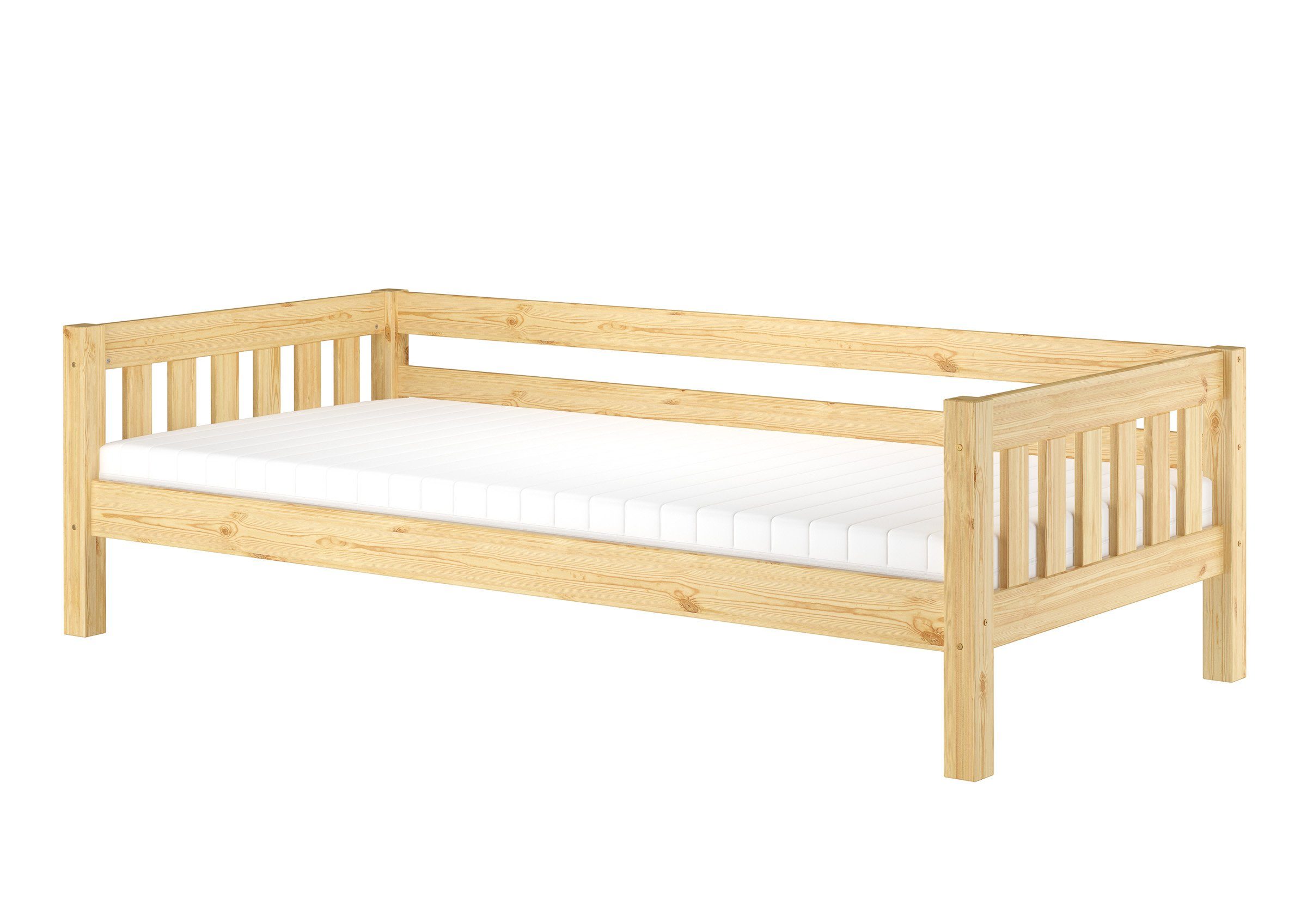 ERST-HOLZ Bett Gemütliches Kinderbett mit dreiseitiger Sicherung 90x200 cm Kiefer, Kieferfarblos lackiert