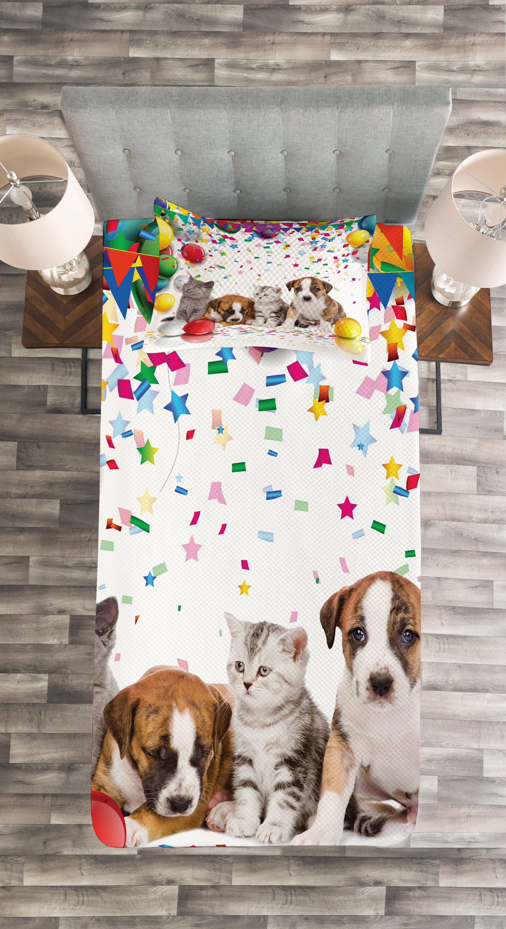 Tagesdecke Set Waschbar, Kissenbezügen Gute Zum Geburtstag und Partei Abakuhaus, mit Hund Alles Katze