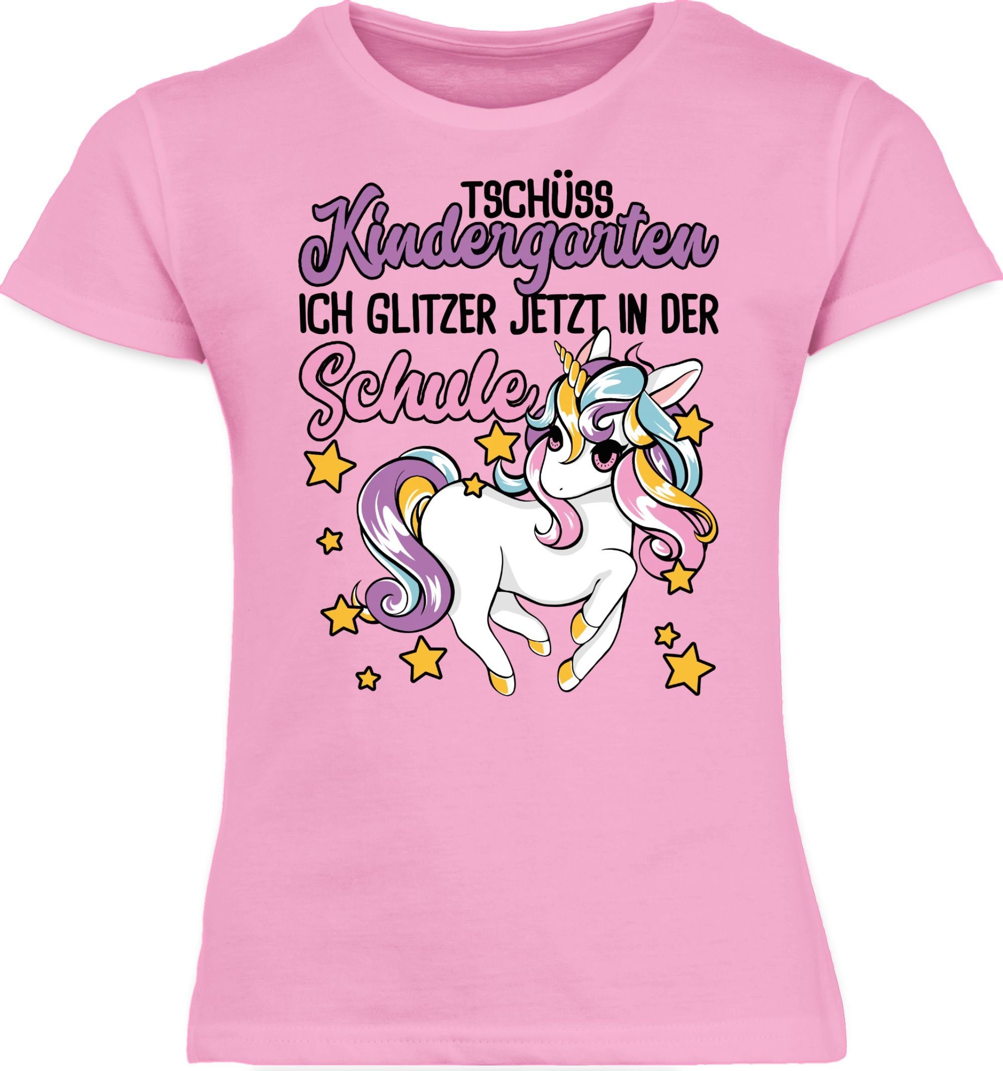Shirtracer T-Shirt Tschüss Kindergarten Einhorn - Glitzer jetzt in der Schule Einschulung Mädchen 2 Rosa | T-Shirts