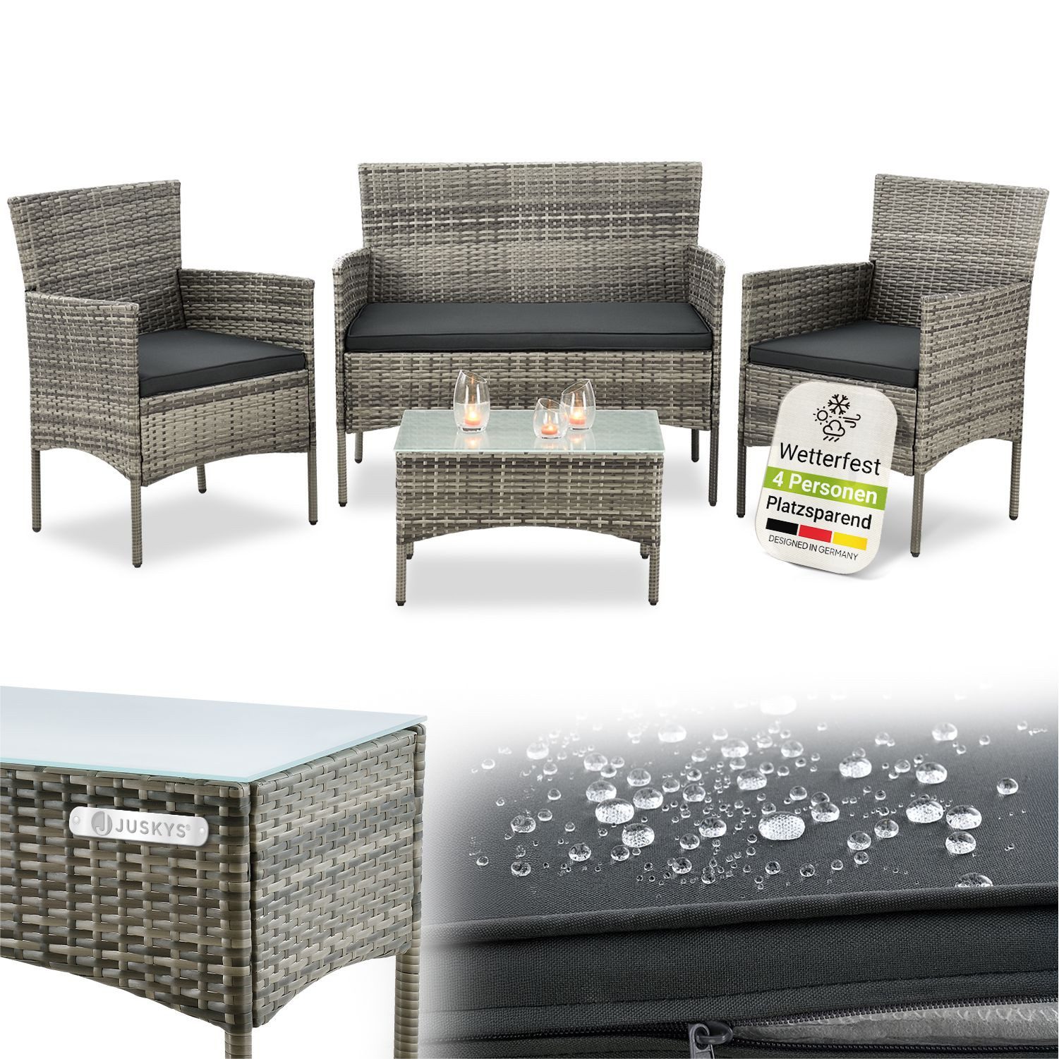 Juskys Gartenlounge-Set Fort Myers, wetterfeste Polyrattan Sitzgruppe für 4 Personen