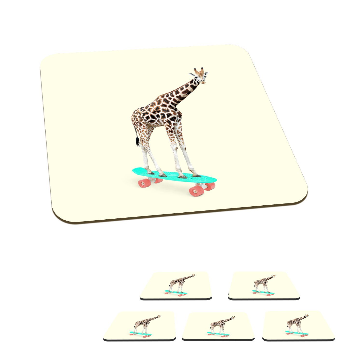 MuchoWow Glasuntersetzer Giraffe - Muster - Skateboard - Rosa - Tiere, Zubehör für Gläser, 6-tlg., Glasuntersetzer, Tischuntersetzer, Korkuntersetzer, Untersetzer, Tasse