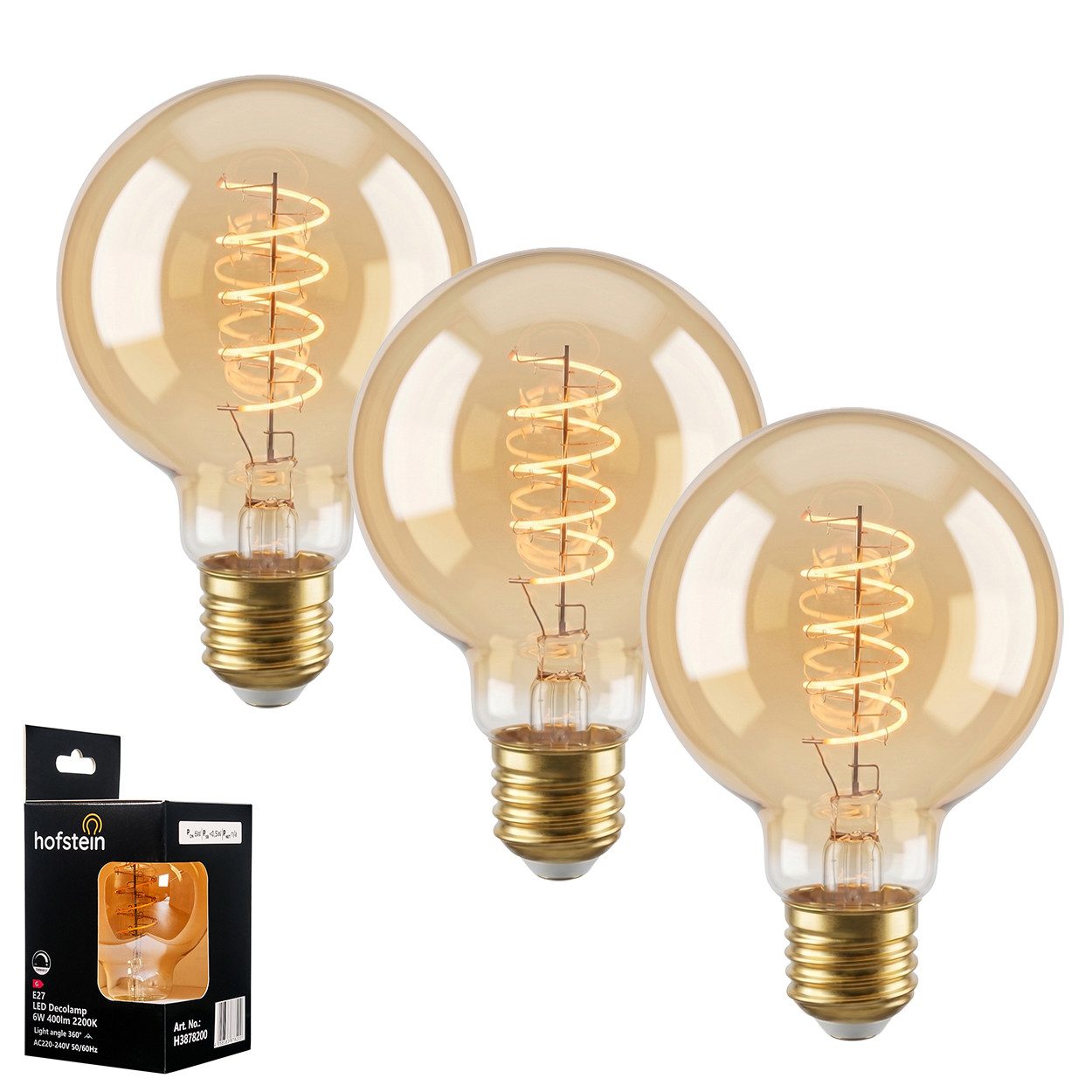 hofstein LED-Leuchtmittel 3er Set Glühbirne Extra Warmweiß dimmbar 6 Watt, 2200 Kelvin, 400 Lumen, Globe Vintage, Filament Spirale, Amber