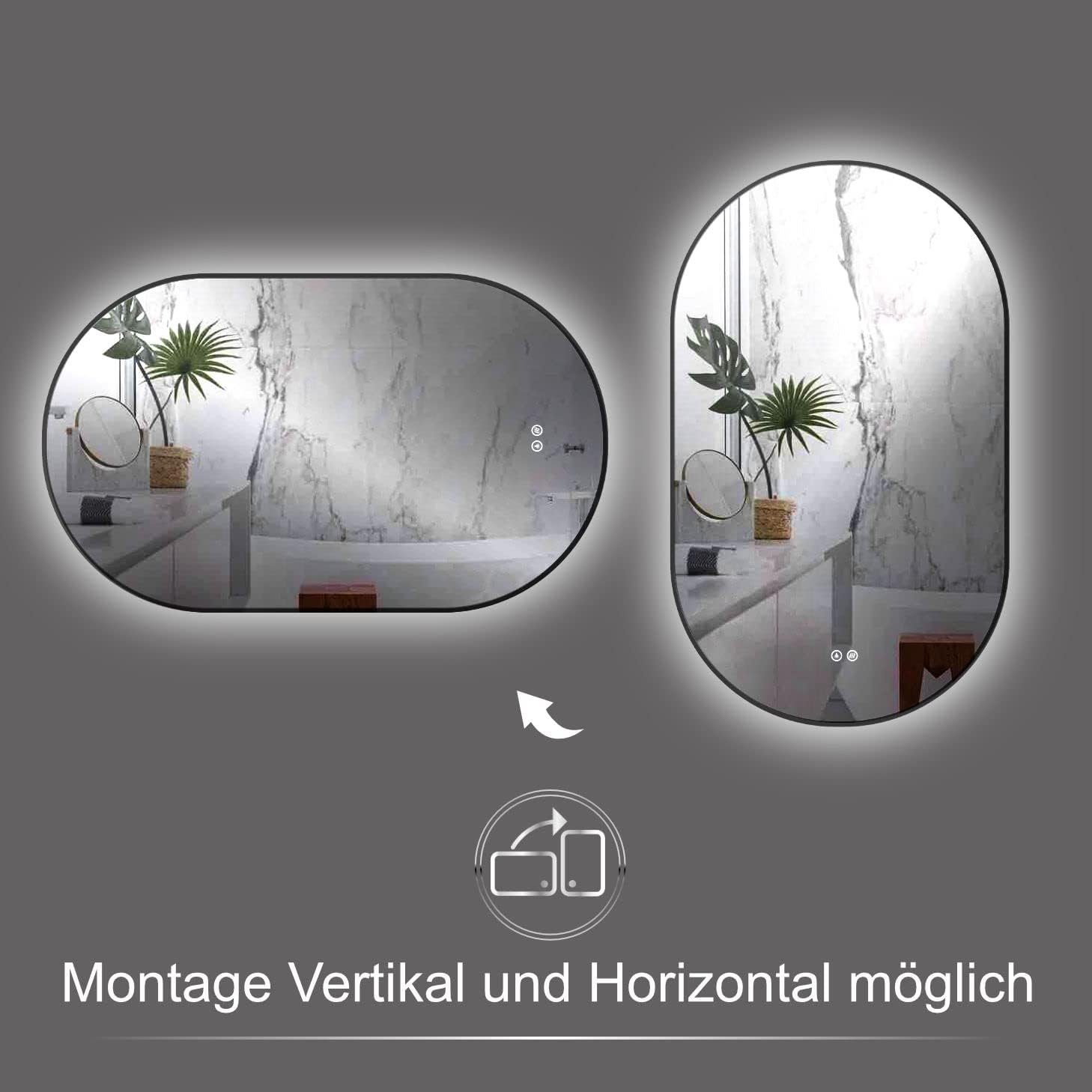 HOKO Badspiegel mit - + Wandspiegel und Touch Licht LED Wandschalter (Warmweiß Oval Wechsel - Design Glass) Kaltweiß HD Memory-Funktion.IP44, LED Neutral. Schalter 4mm einschaltbar. mit Antibeschlag