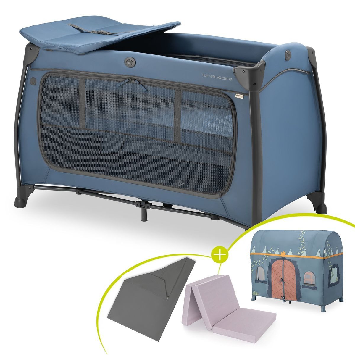 Hauck Baby-Reisebett Play N Relax Center - Dark Blue, Kinderreisebett mit Matratze, Spannbettlaken, Wickelauflage, Einhang
