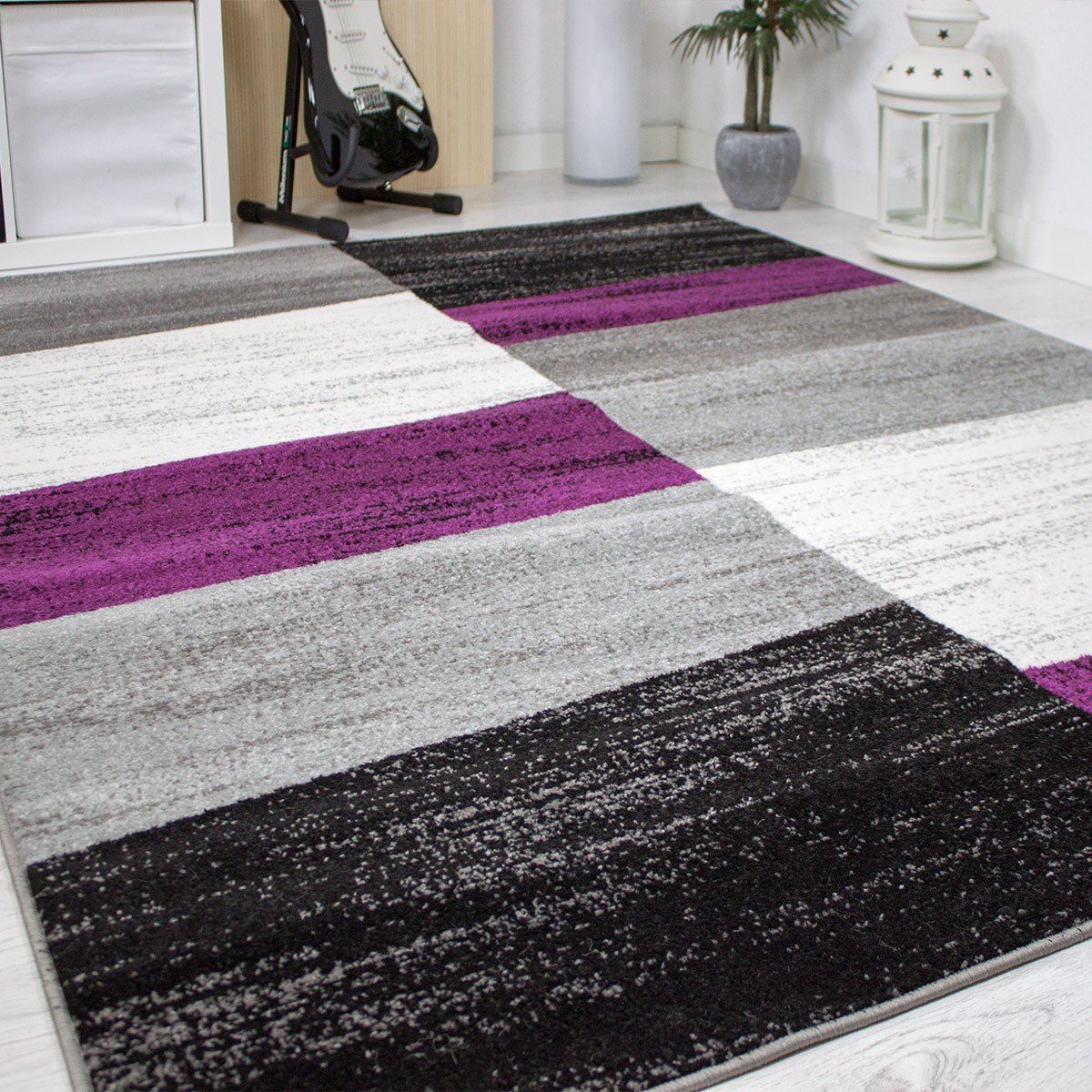Vimoda Teppich Geometrisches Muster Meliert, Kariert, Rechteckig, Läufer, Teppich Wohnzimmer, Schlafzimmer, Kachel Optik, Rot Lila Beige