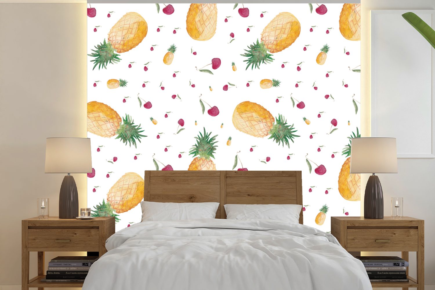 MuchoWow Fototapete Ananas - Kirschen - Aquarelle, Matt, bedruckt, (5 St), Vinyl Tapete für Wohnzimmer oder Schlafzimmer, Wandtapete