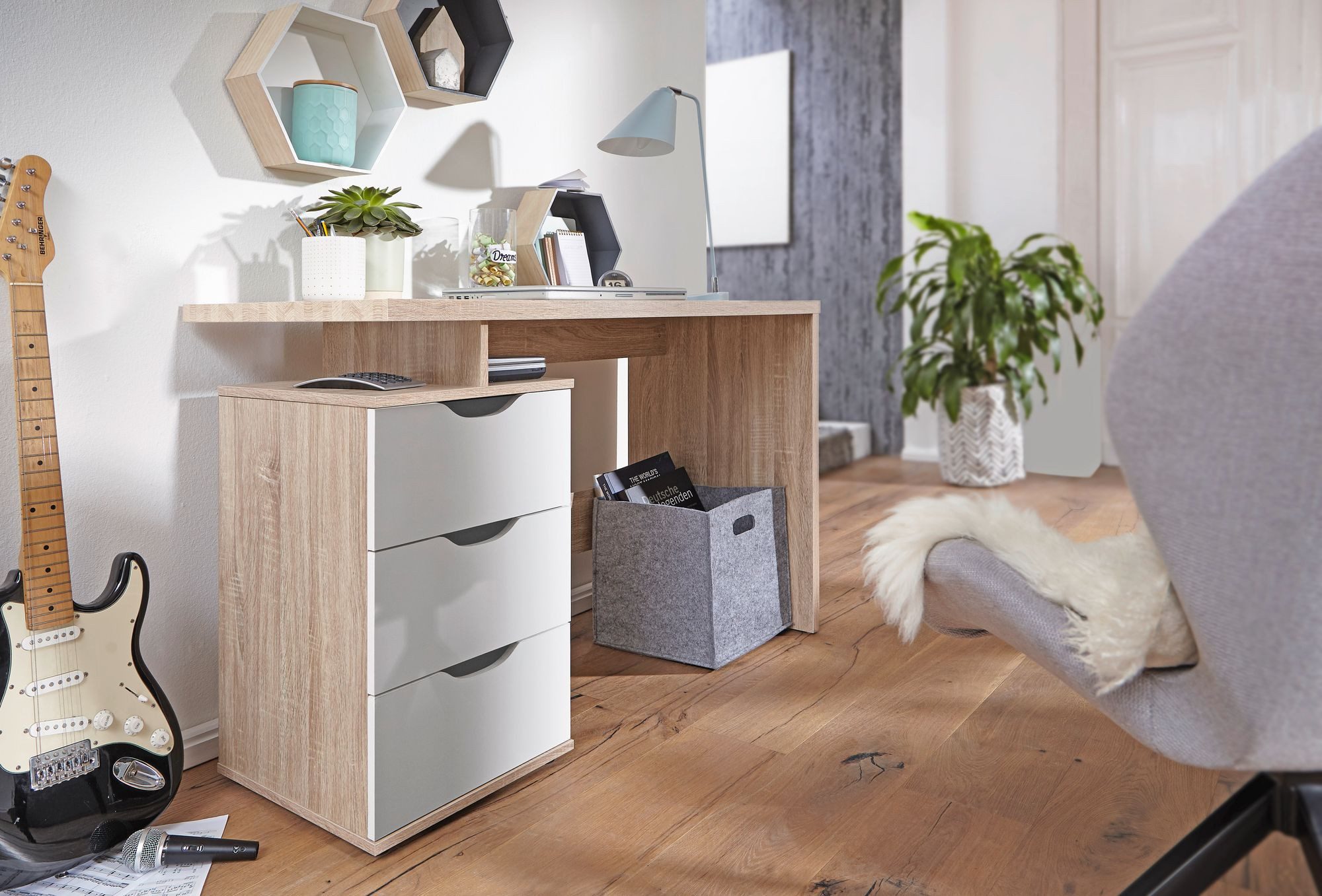 FINEBUY Schreibtisch FB43356 MASSA mit Container Sonoma Computertisch Bürot günstig online kaufen