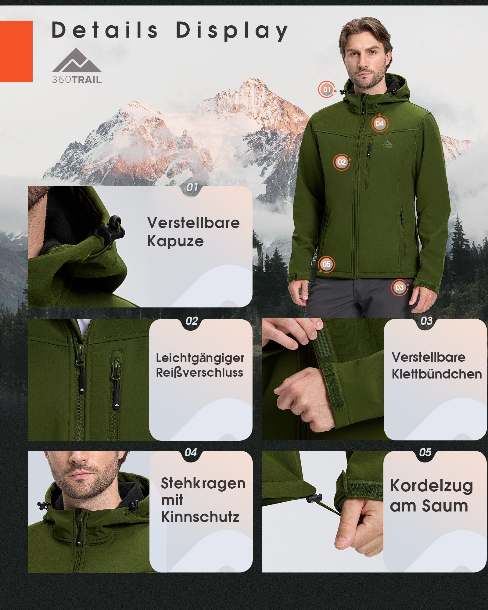 360Trail Outdoorjacke Softshelljacke Skayra wasserdichte winddichte Herren Übergangsjacke Microfleece-Innenfutter, atmungsaktiv, wasserdicht – Bild 3 von 5