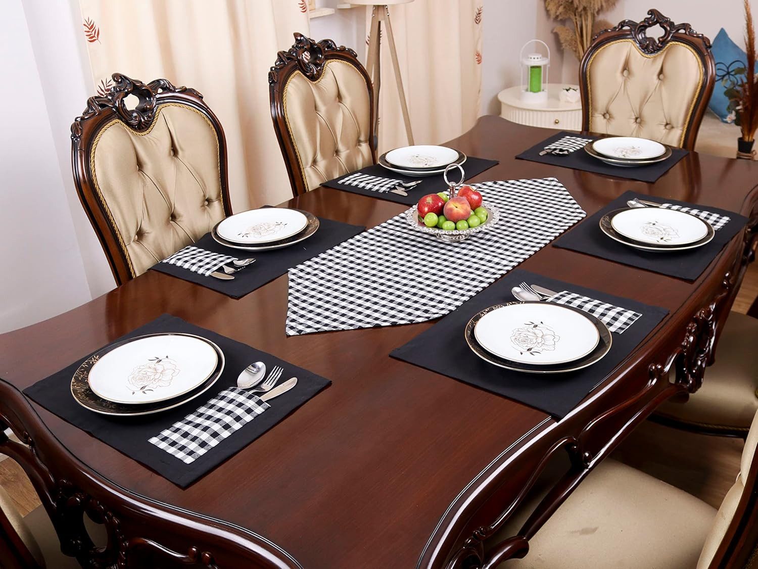 Ekershop Узкие скатерти und 6 Platz-Matten Set Tischset Platzset Platzdecken Schwarz Kariert (Kariert)