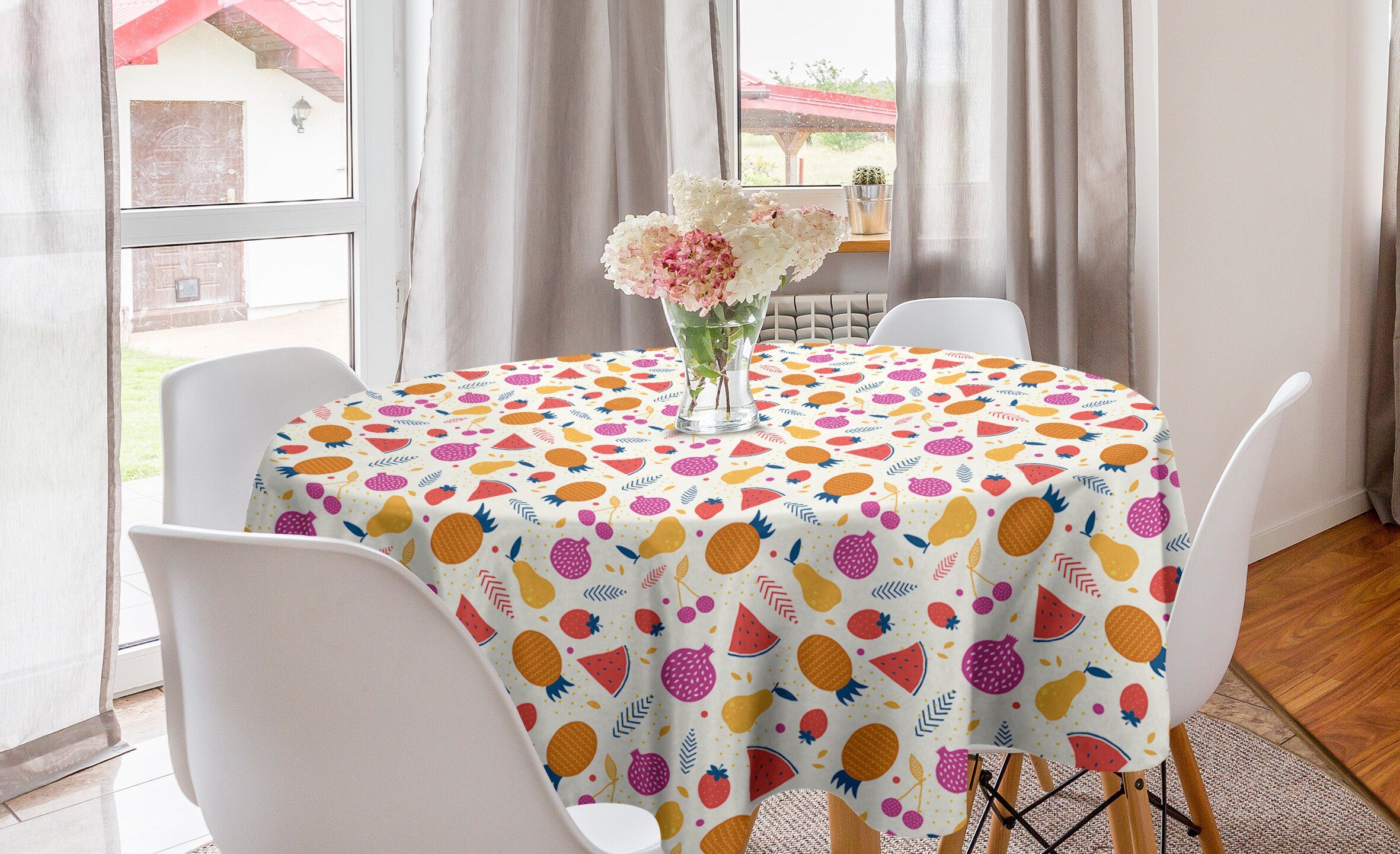Abakuhaus Tischdecke Kreis Tischdecke Abdeckung für Esszimmer Küche Dekoration, Nicht-gerade weiss Punkte und Bunte Früchte