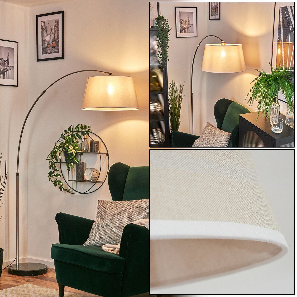 hofstein Bogenlampe Stehlampe mit Marmorfuß aus Metall/Stoff in Nickel/Schwarz/Beige/Weiß, verstellbare Stehleuchte im modernen Design, Ø 45 cm, Fußschalter, E27