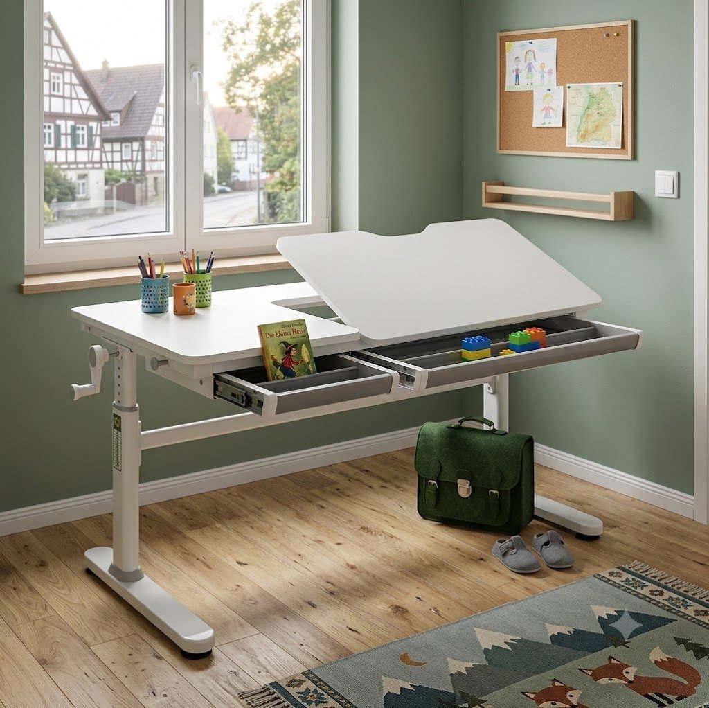 HOKO Kinderschreibtisch höhenverstellbar für Kinderzimmer (120x60 cm Schreibtisch, Jugendschreibtisch mit 80x40 cm neigbarer Tischplatte & 2 Schubladen), verstellbar 54-76 cm, bis 100 kg, für Kinder ab 6 Jahren, Weiß, ELIN