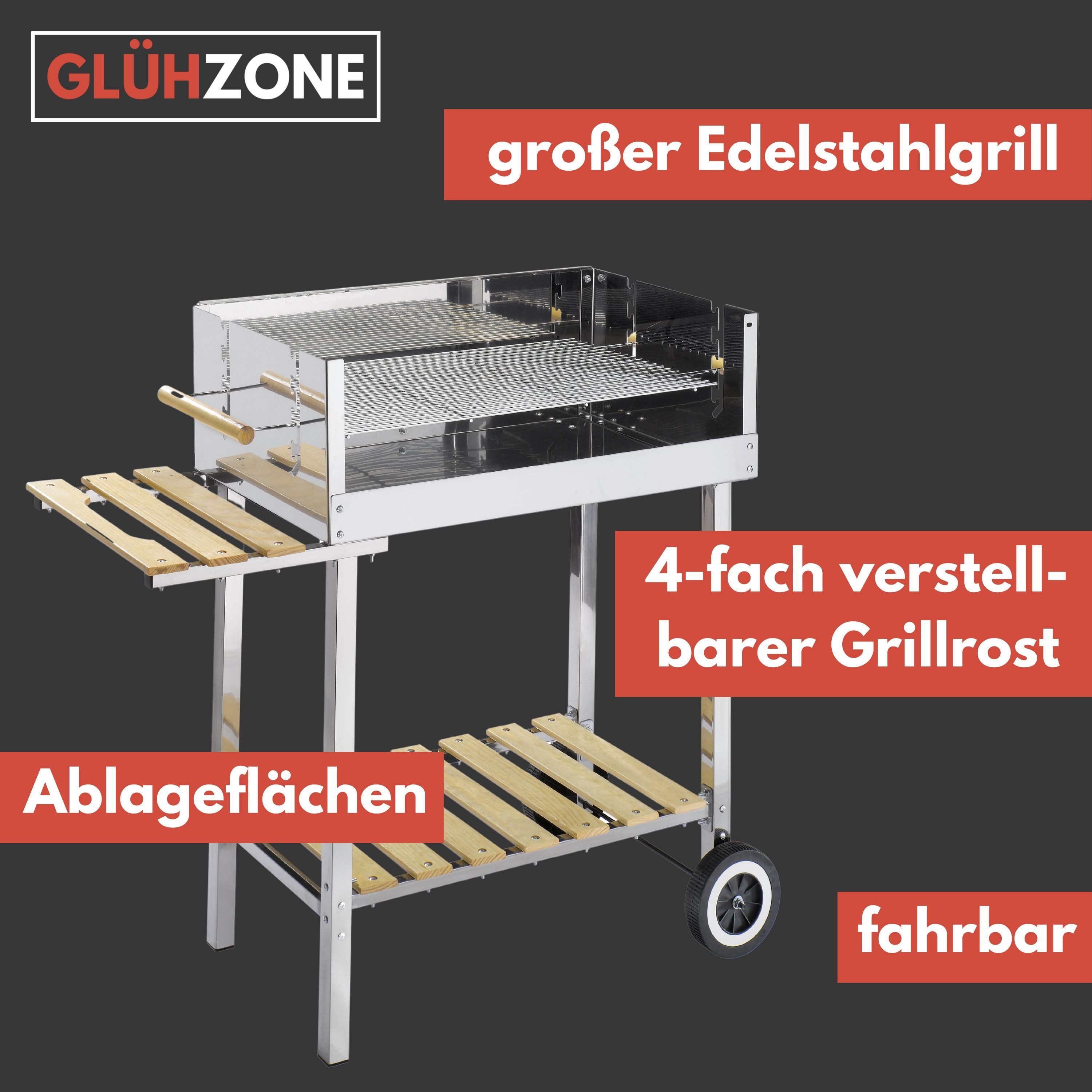 GLÜHZONE Holzkohlegrill HKG 500, Edelstahl, Grillwagen, Holzkohlegrill, fahrbar mit Holzablage
