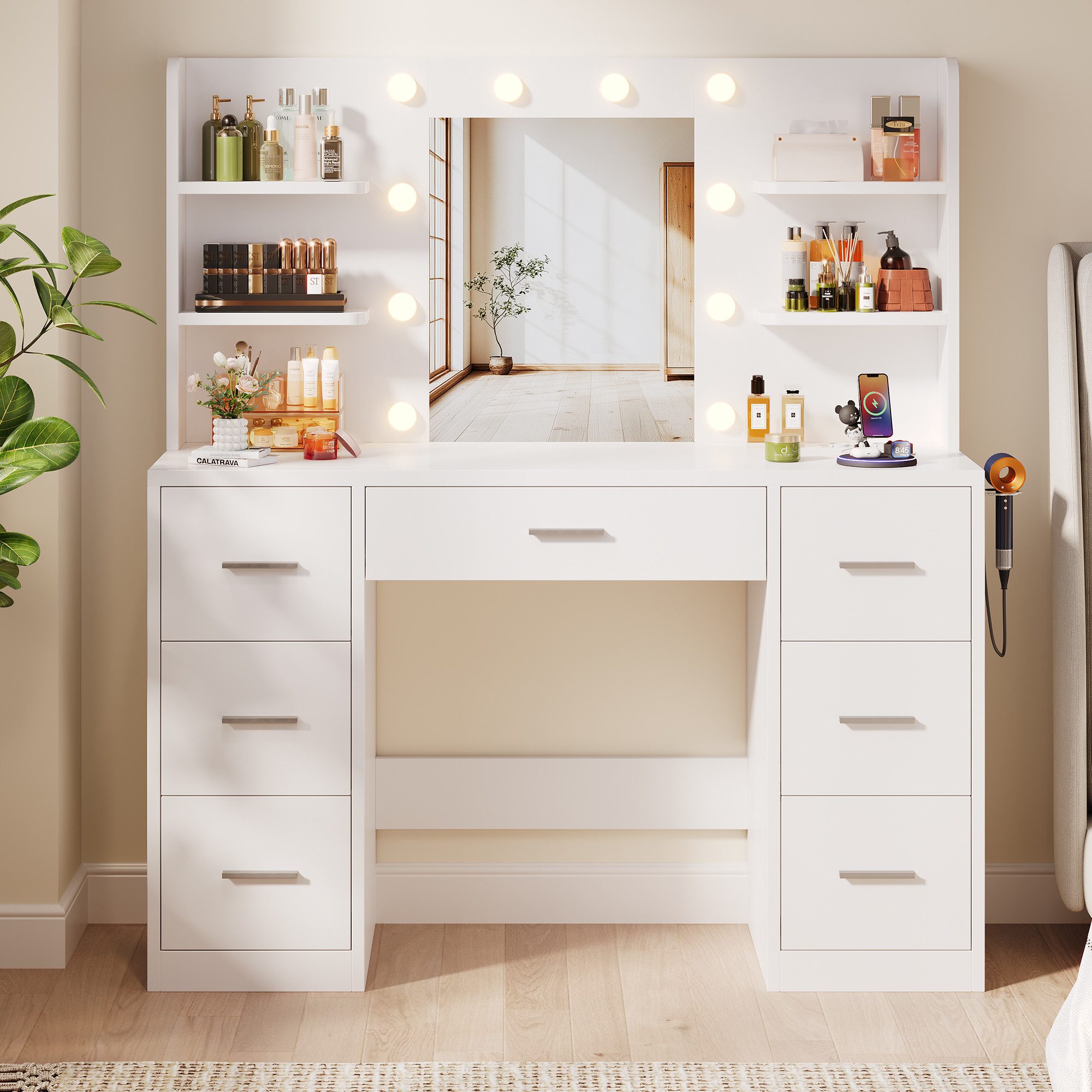 Furnicopia Schminktisch Mit einstellbarer LED-Beleuchtung, 7 Schubladen und 4 Fächern (Große Größe: 110 × 40 × 137 cm, mit 1 USB-Anschluss, 1 Typ-C-Ladeanschluss, 2 Netzsteckdosen und 1 Föhnhalterung. Erhältlich in Weiß oder Schwarz-ostern geschenke)