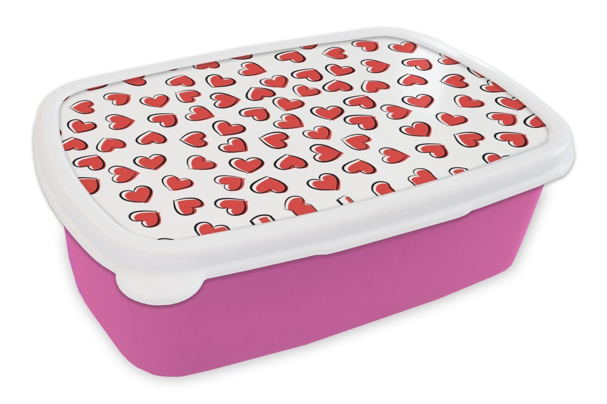 MuchoWow Lunchbox Valentinstag - Herz - Muster, Kunststoff, (2-tlg), Brotbox für Erwachsene, Brotdose Kinder, Snackbox, Mädchen, Kunststoff rosa