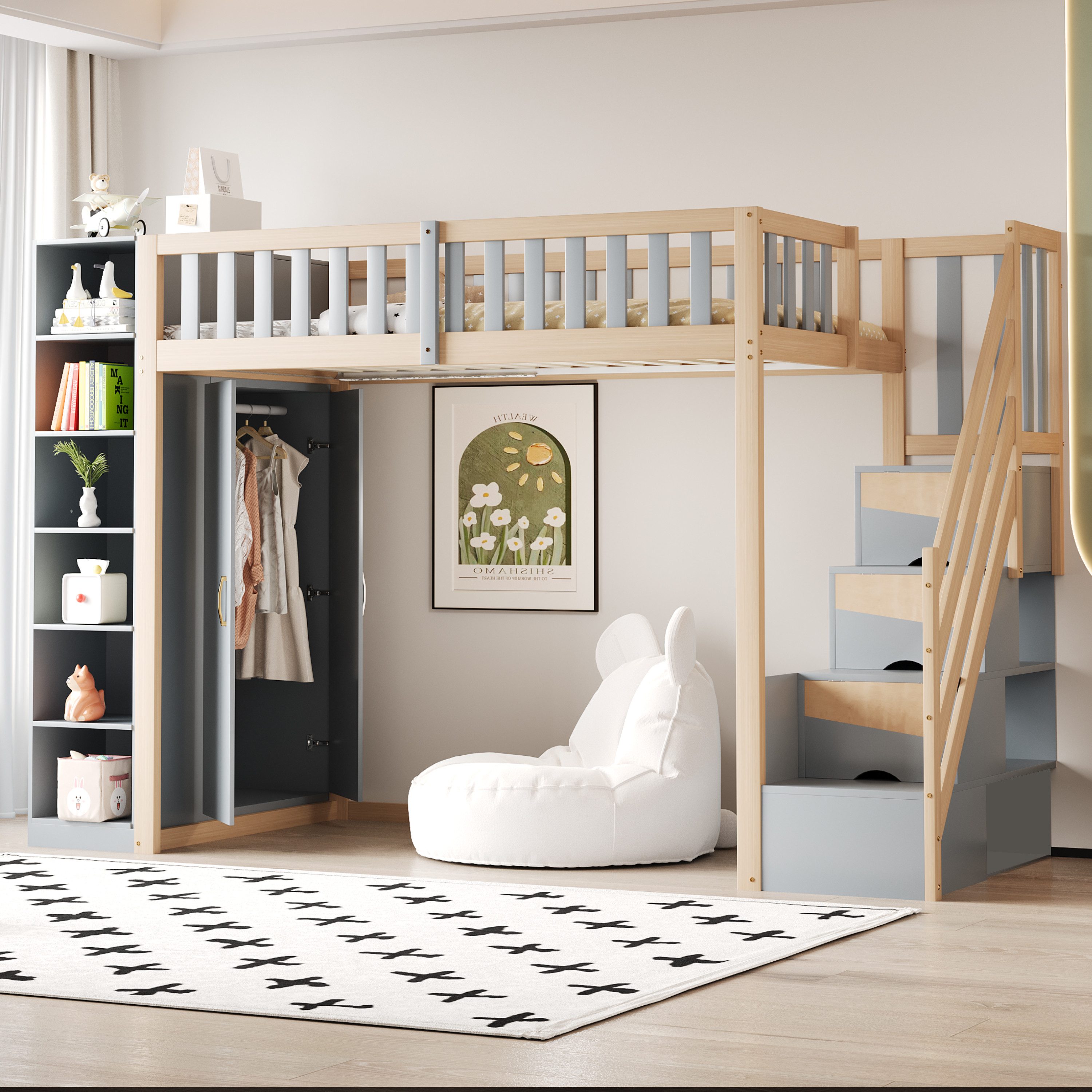 Merax Hochbett 90x200cm mit großem Kleiderschrank (1-St., Etagenbett Jugendbett Einzelbett) Kiefer Kinderbett mit Regalen, Aufbewahrungsschränken & Stauraumtreppe