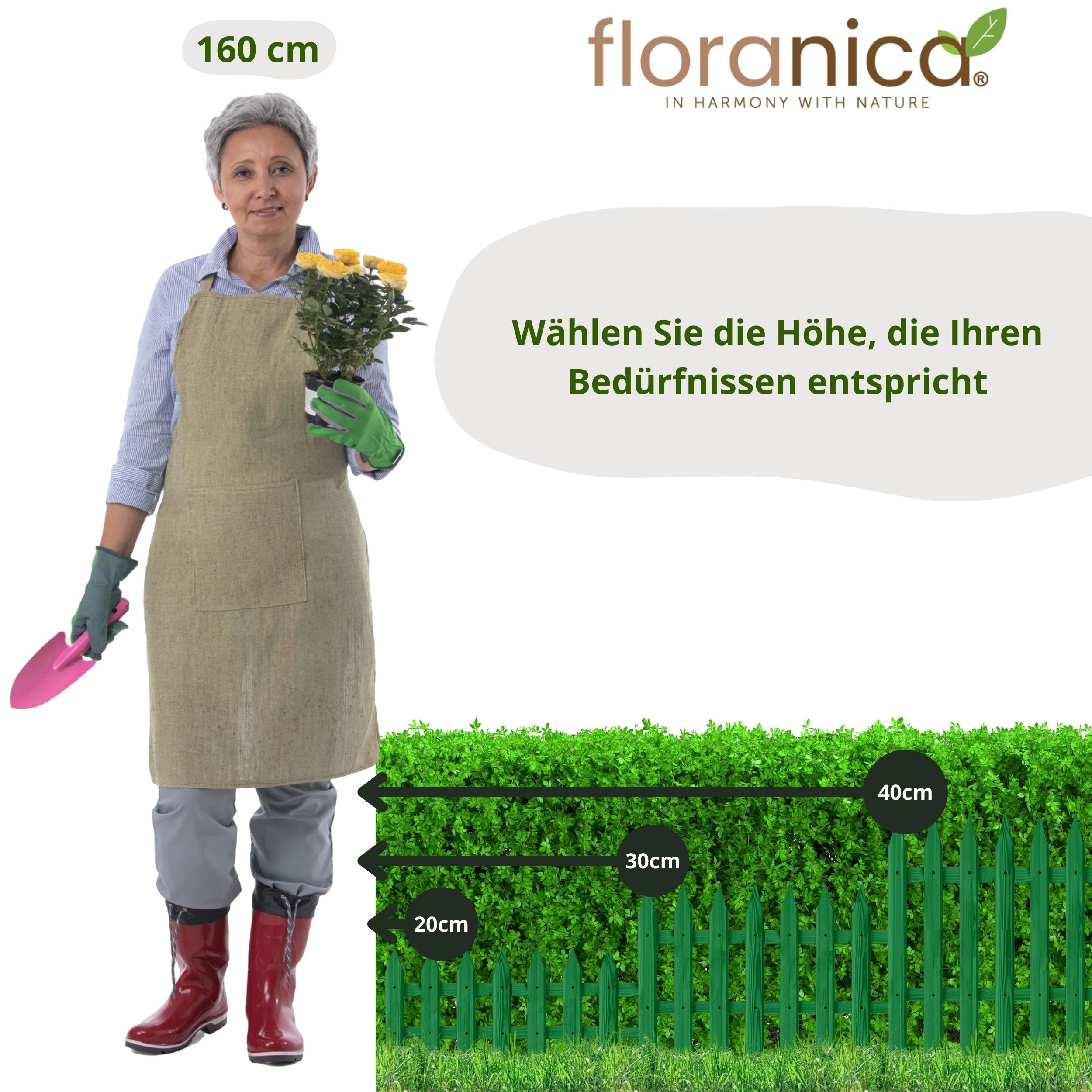 Floranica Zierzaun Vorgartenzaun Steckzaun Gartenzaun Zierzaun Lattenzaun Friesenzaun, (40 x 100 cm, 3-St., Grün), Blummen Beeten Zaun aus Holz mit Metalpfosten, Beetabgrenzung