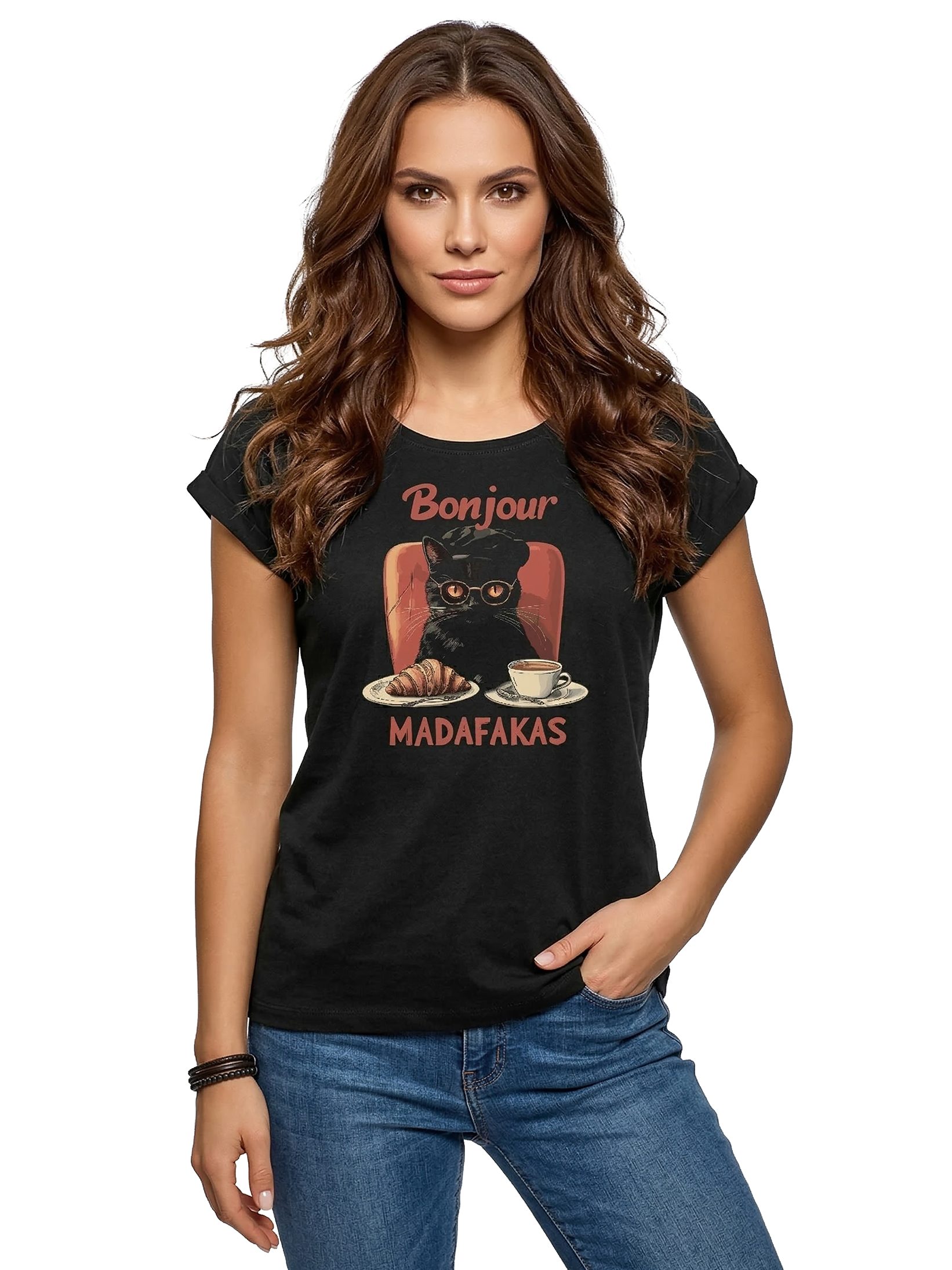 MAKAYA T-Shirt Damenshirt mit Katzenmotiv – Lustiger Bonjour Gangster-Print (Schwarz, 34, 36, 38, 40, 42, 44, 46, 48, 50) Baumwolle