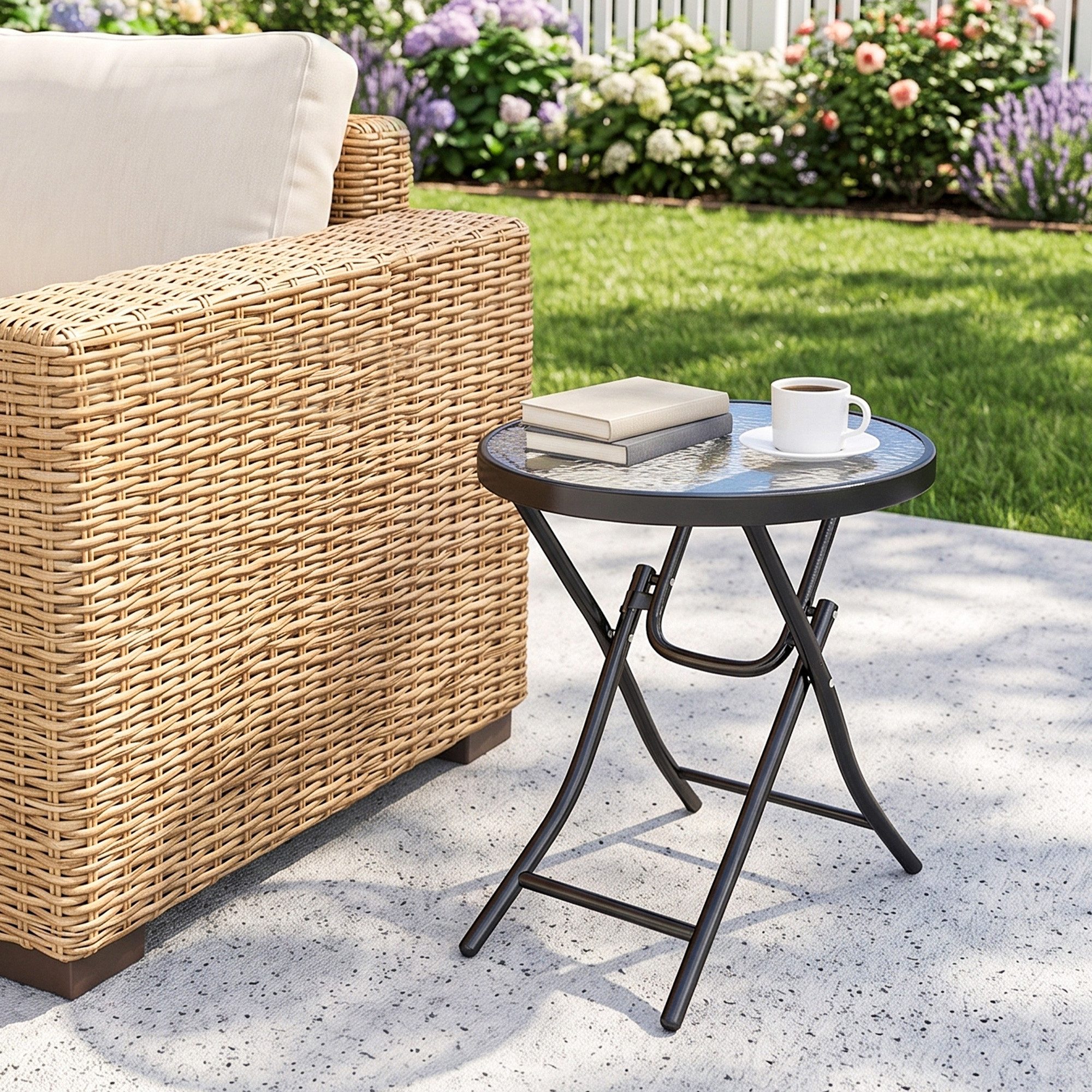 Outsunny Beistelltisch Gartentisch klappbar, Wetterfest Balkontisch aus Metall (Beistelltisch, 1-St., Bistrotisch mit Glasplatte), Ø45 schwarz