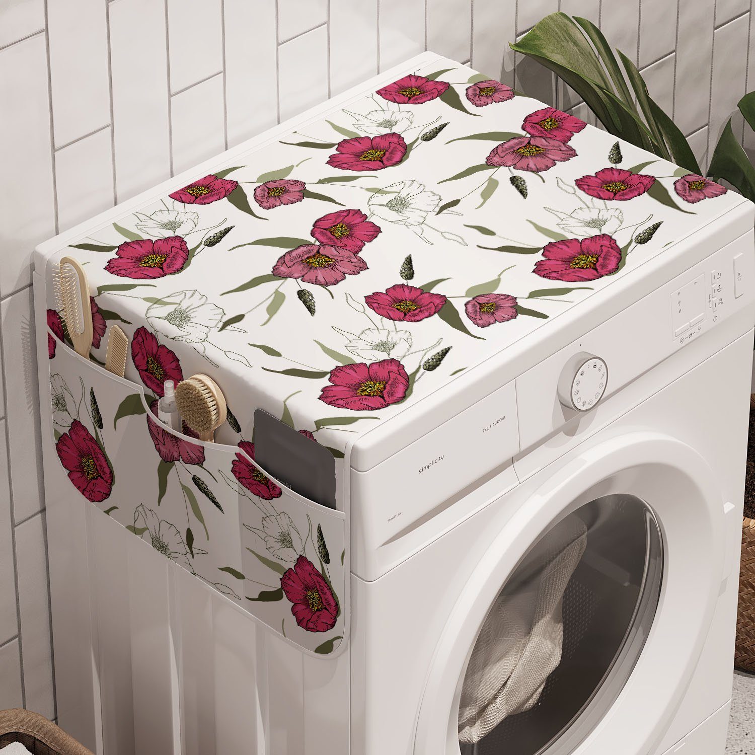 Waschmaschine Abakuhaus Themed Anti-Rutsch-Stoffabdeckung rosa Badorganizer Mohnblume Blumen für Botanik und Trockner,