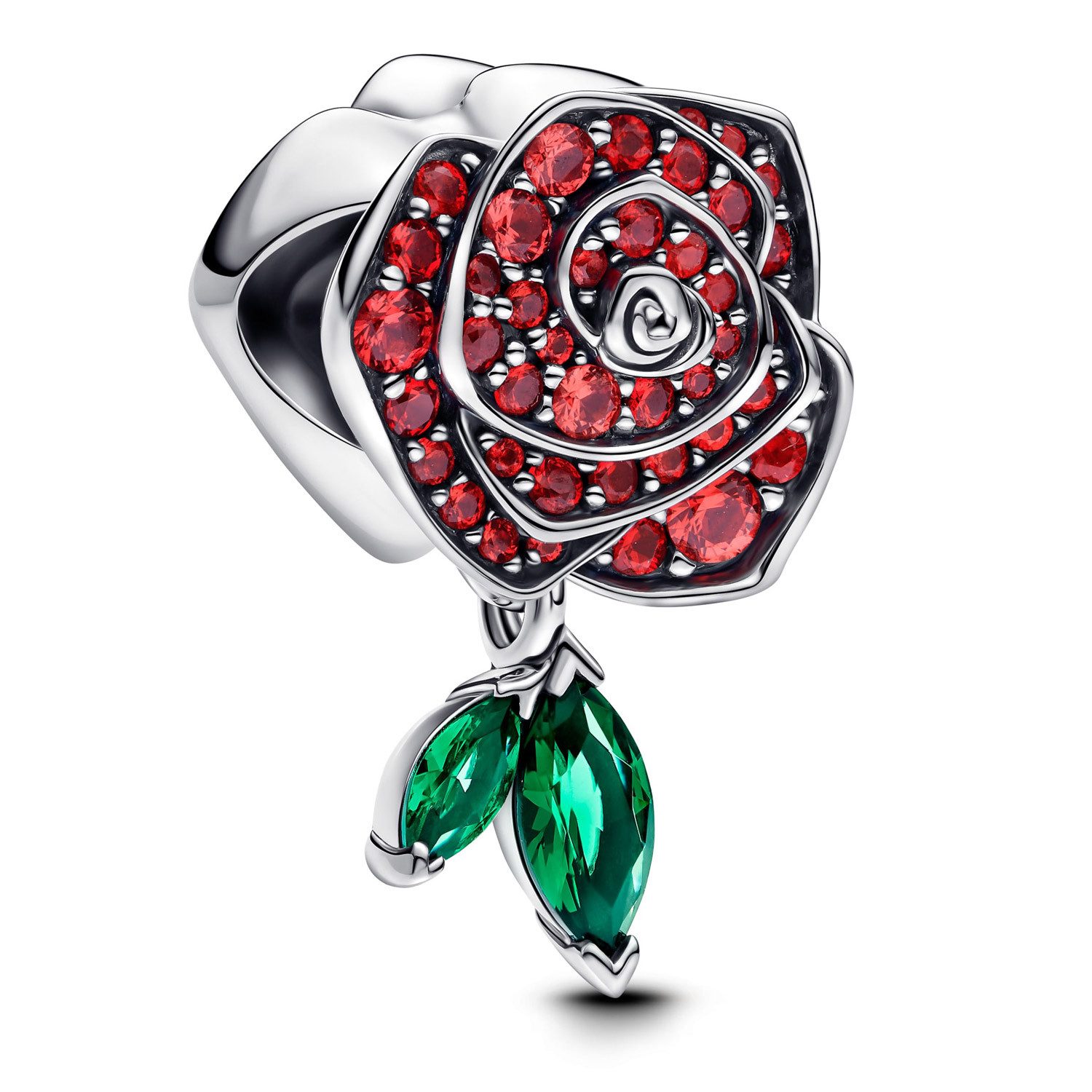 Pandora Blumenanhänger Silber-Charm Funkelnde Blühende Rose Rot
