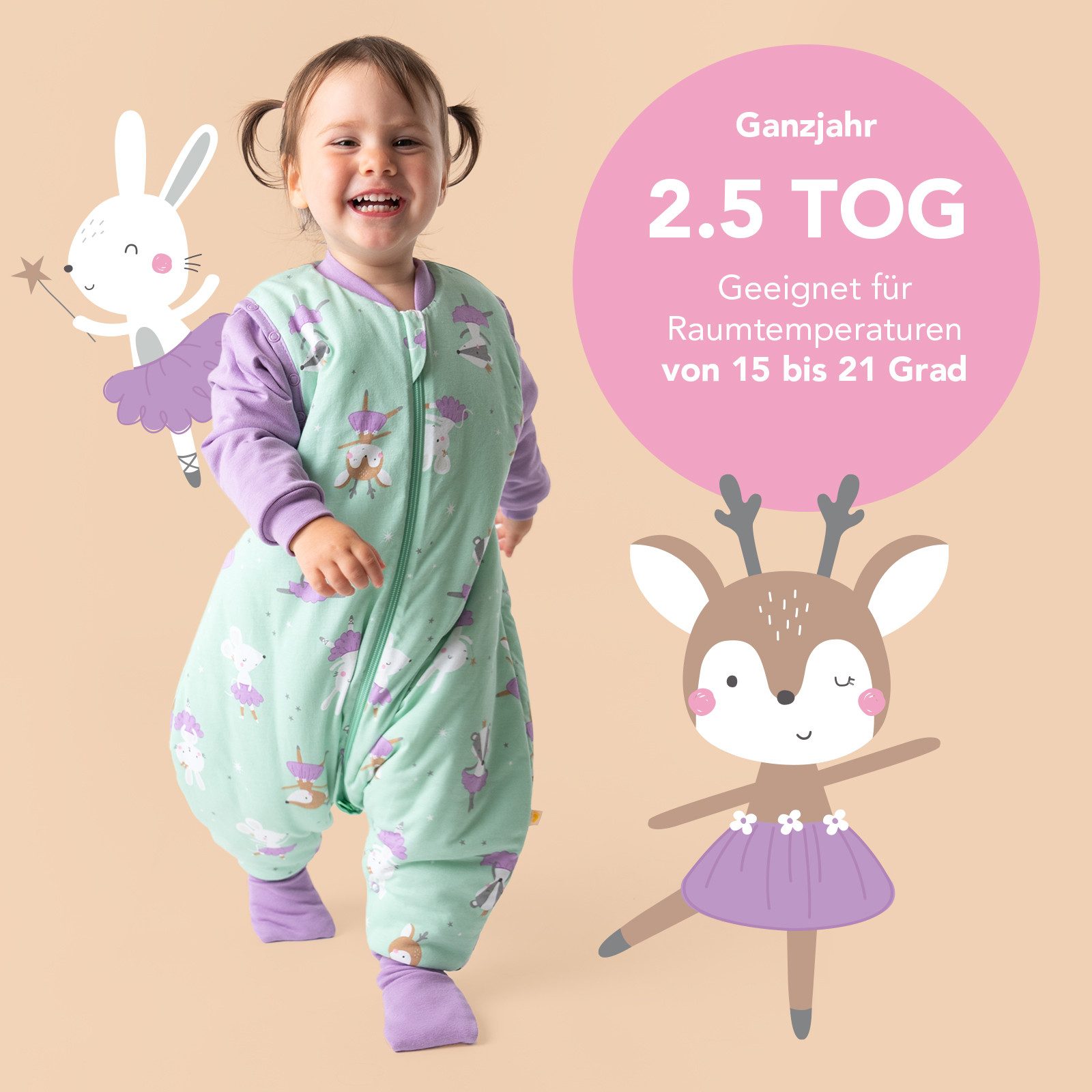 Schlummersack Kinderschlafsack Schlafsack mit Füßen und umklappbaren Bündchen, 2.5 Tog – Bild 5 von 5