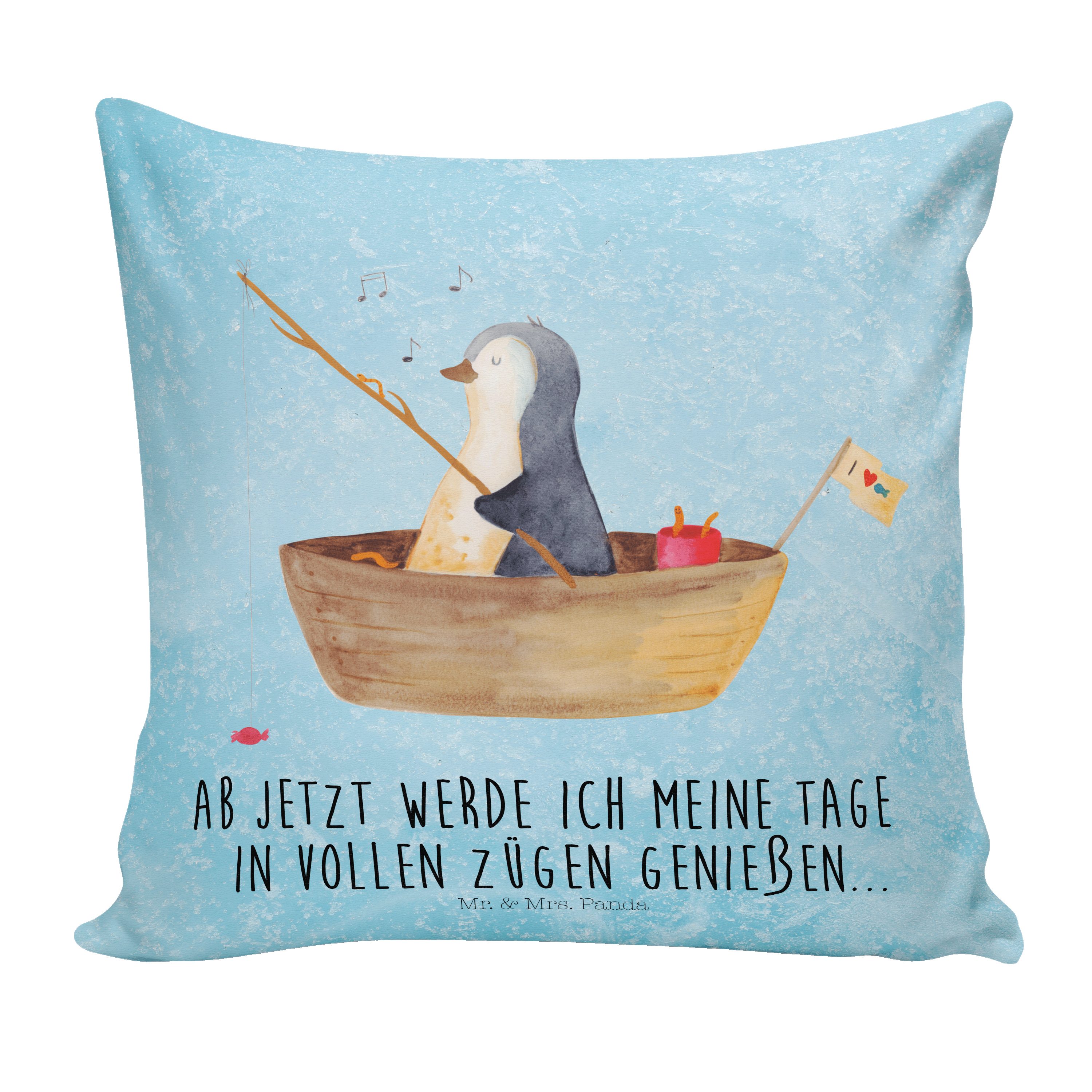 Mr. & Mrs. Panda Dekokissen Pinguin Angelboot - Eisblau - Geschenk, Lebenslust, Angeln, Neuanfang