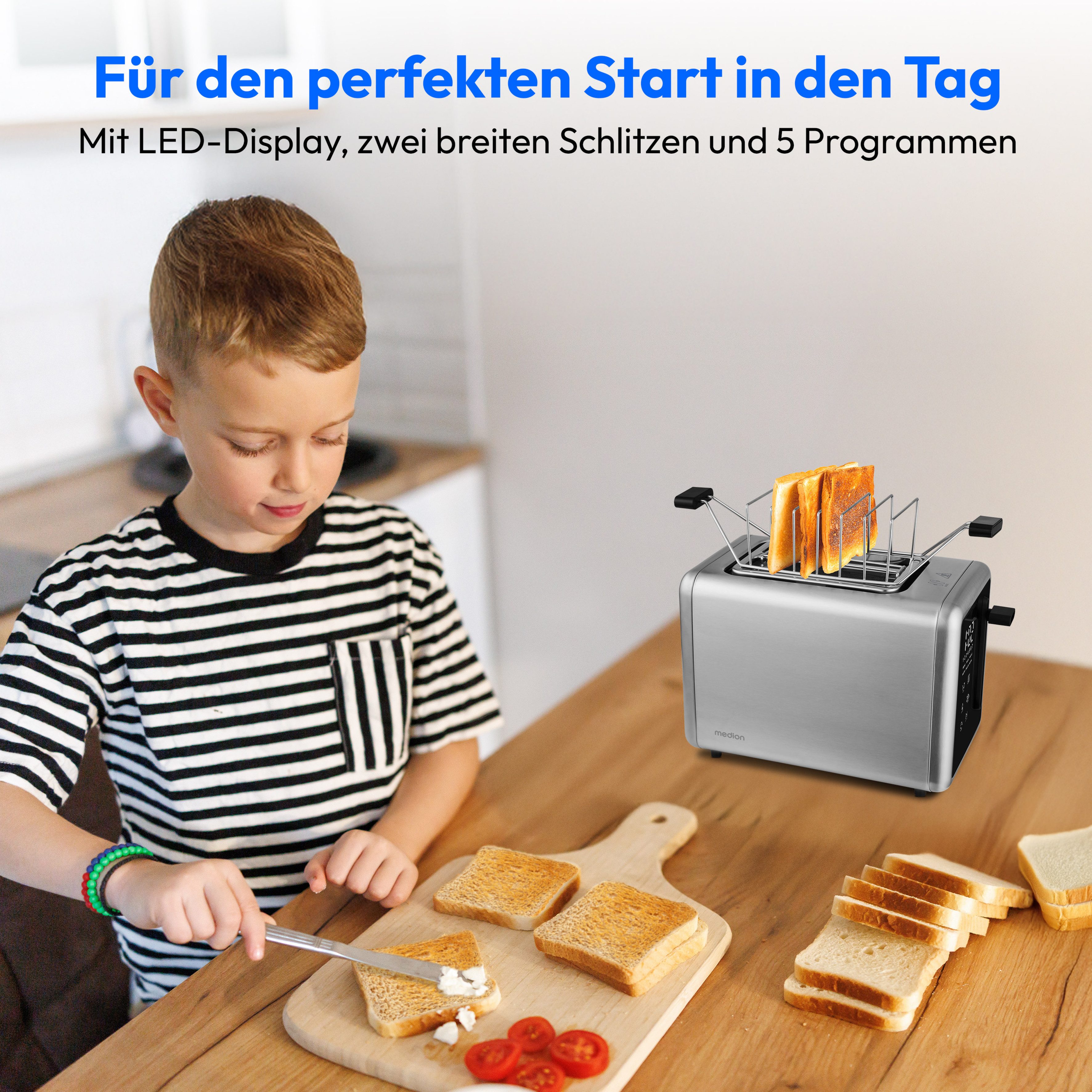 Medion® Toaster MD12102, 2 Toastschlitze, 2 Schlitze, für 2 Scheiben, 850 W, abnehmbarer Brötchenaufsatz