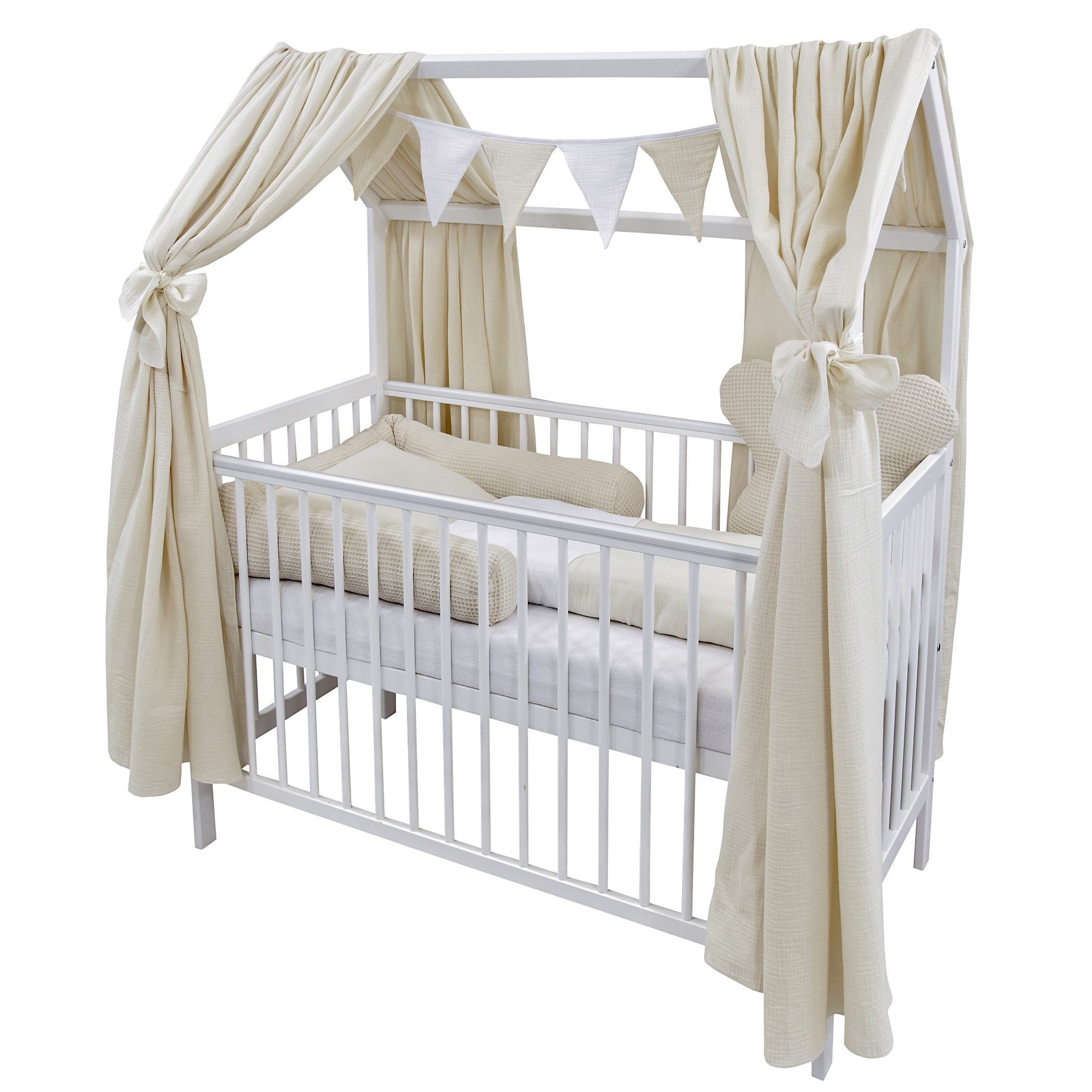 Baby-Delux Komplettbett Hausbett Babybett Komplettset Waffelpique Musselin, günstig online kaufen