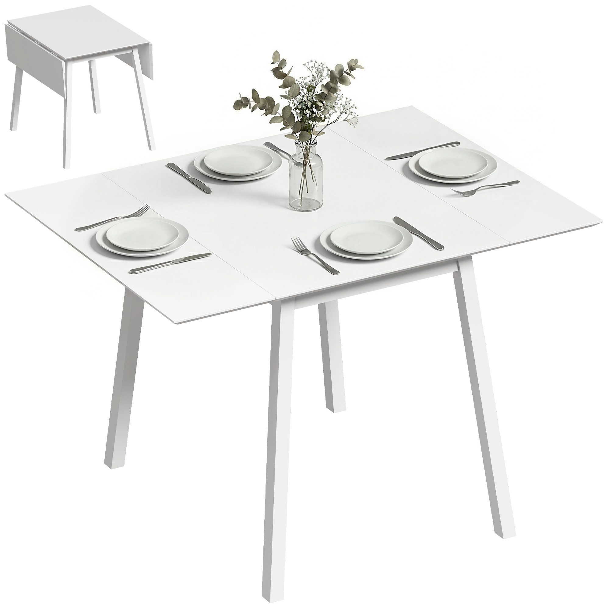 HOMCOM Klapptisch Esszimmertisch mit 2 aufklappbare Flächen, Holztisch (Küchentisch, 1-St., Esstisch), für Esszimmer, Küche, Weiß